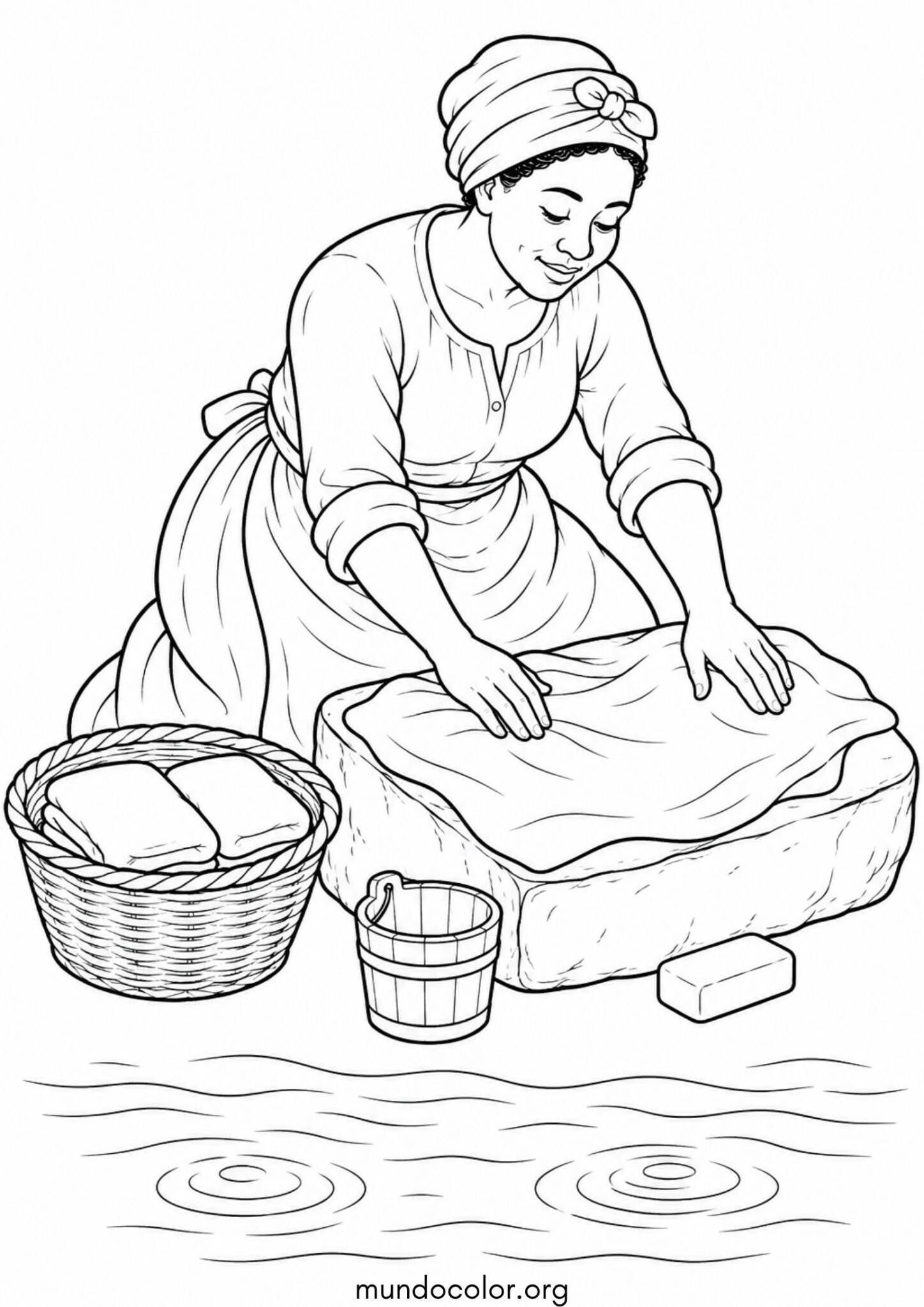 Dibujo de Revolución de Mayo – Lavandera colonial lavando ropa en la orilla del Río de la Plata para colorear