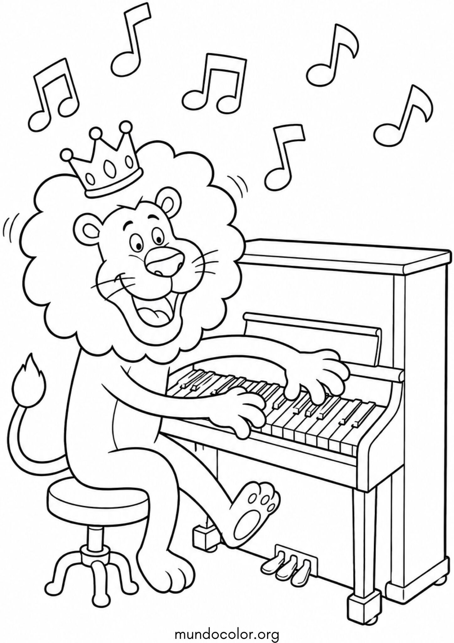 Dibujo de Día de la Música – León tocando el piano con corona de rey para colorear