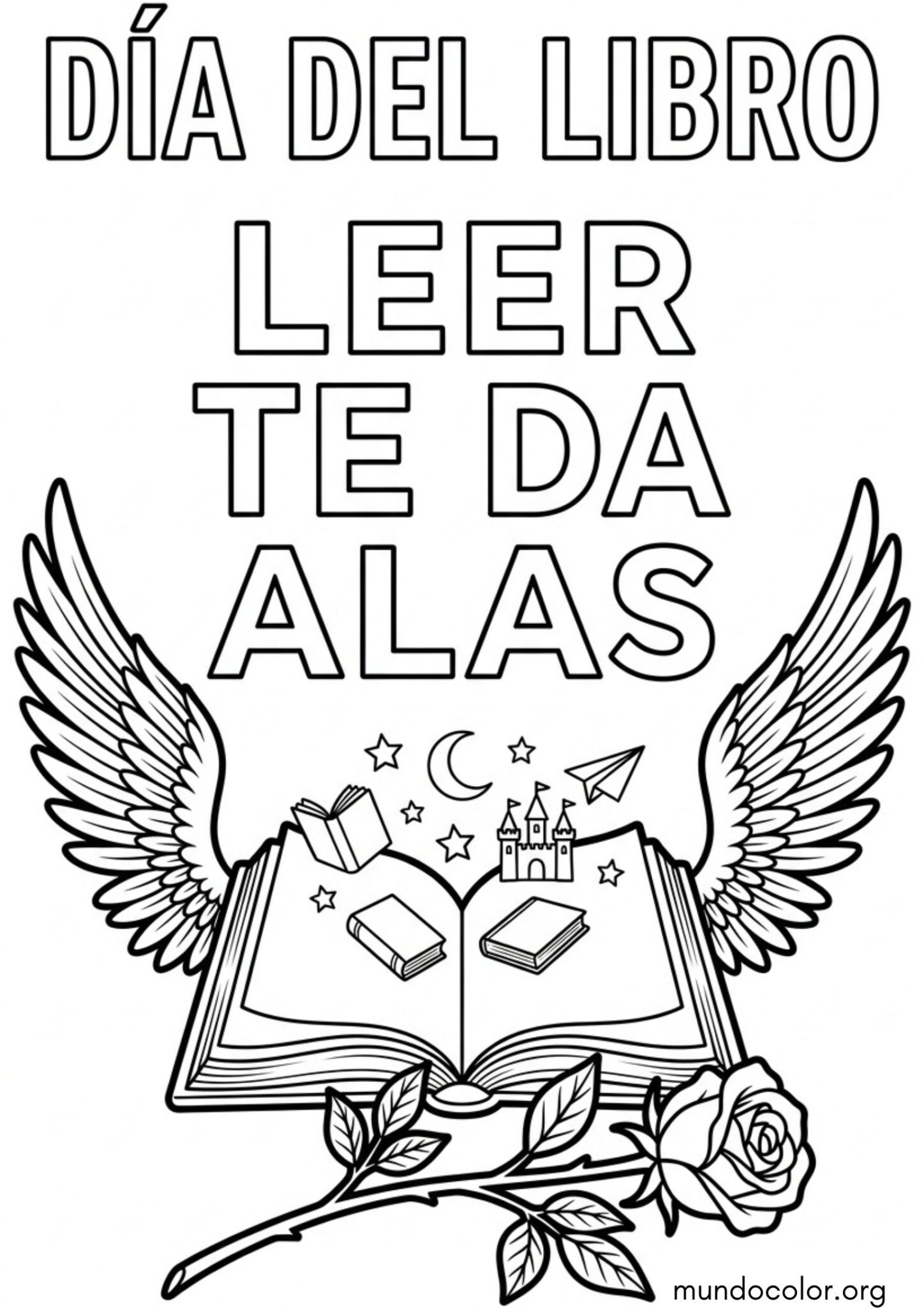 Dibujo de Cartel del Día del Libro con la frase «Leer te da alas» para colorear