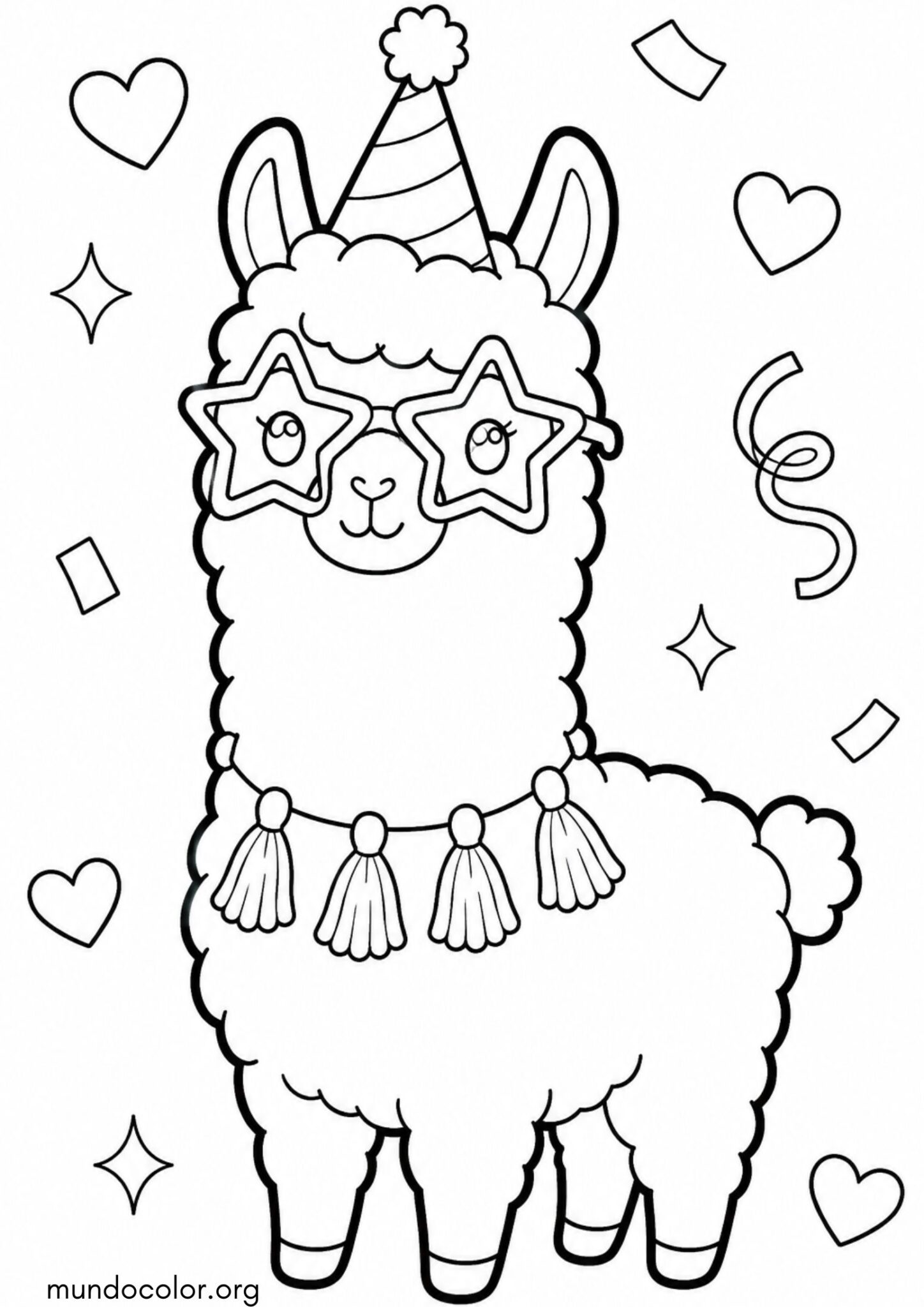 Dibujo de Cumpleaños – Llama kawaii de cumpleaños con gafas de fiesta para colorear