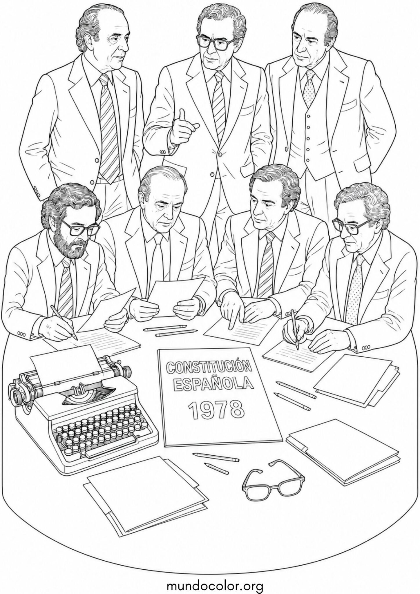 Dibujo de Los 7 Padres de la Constitución redactando la Carta Magna de 1978 para colorear