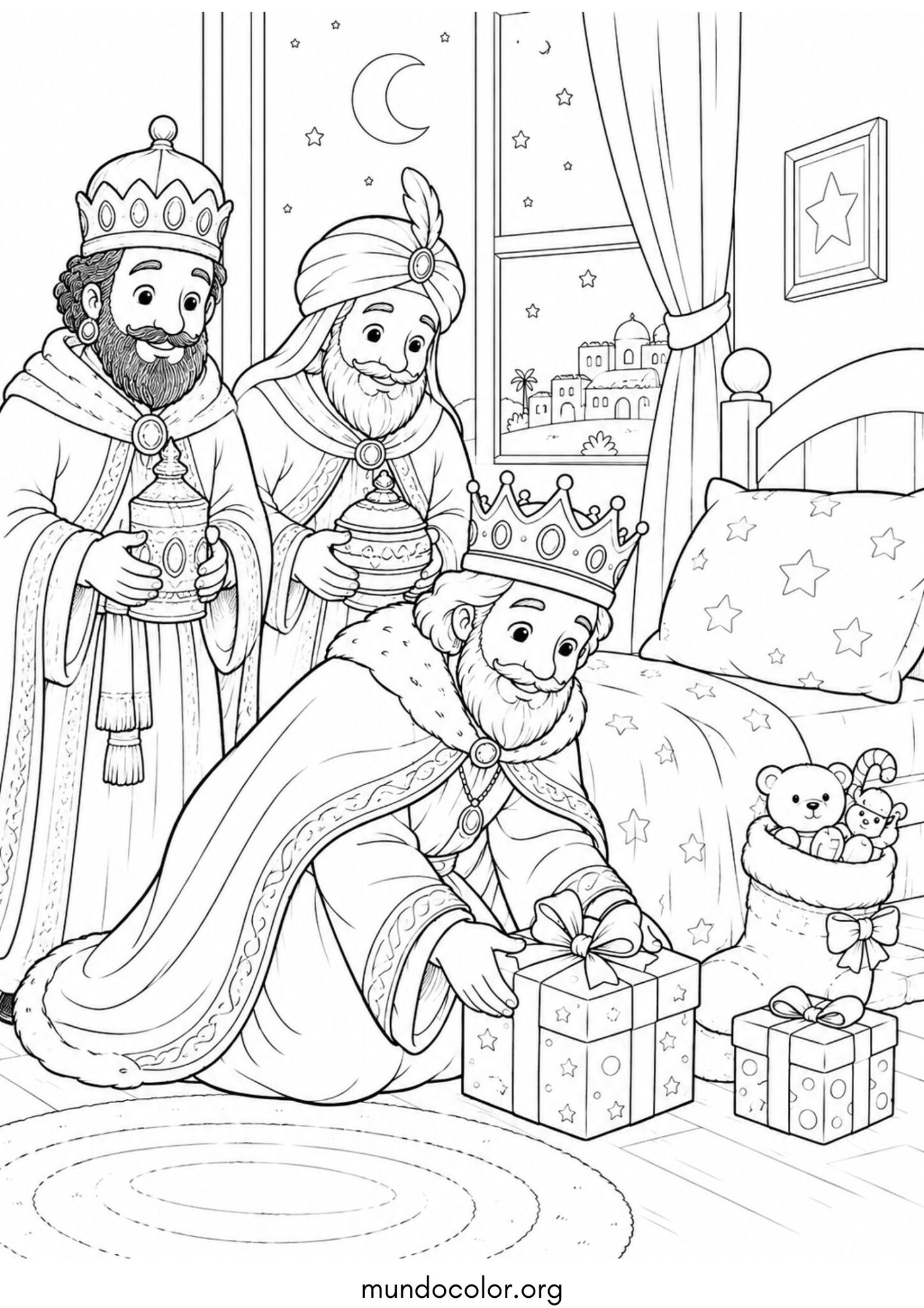 Dibujo de Los Reyes Magos dejando regalos en la noche para colorear