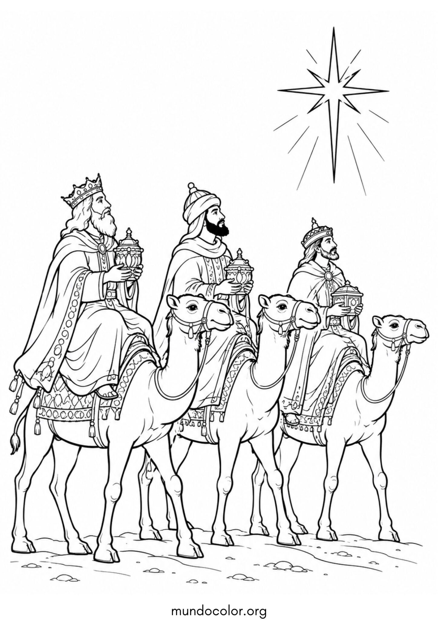 Dibujo de Los Reyes Magos siguiendo la Estrella de Belén para colorear