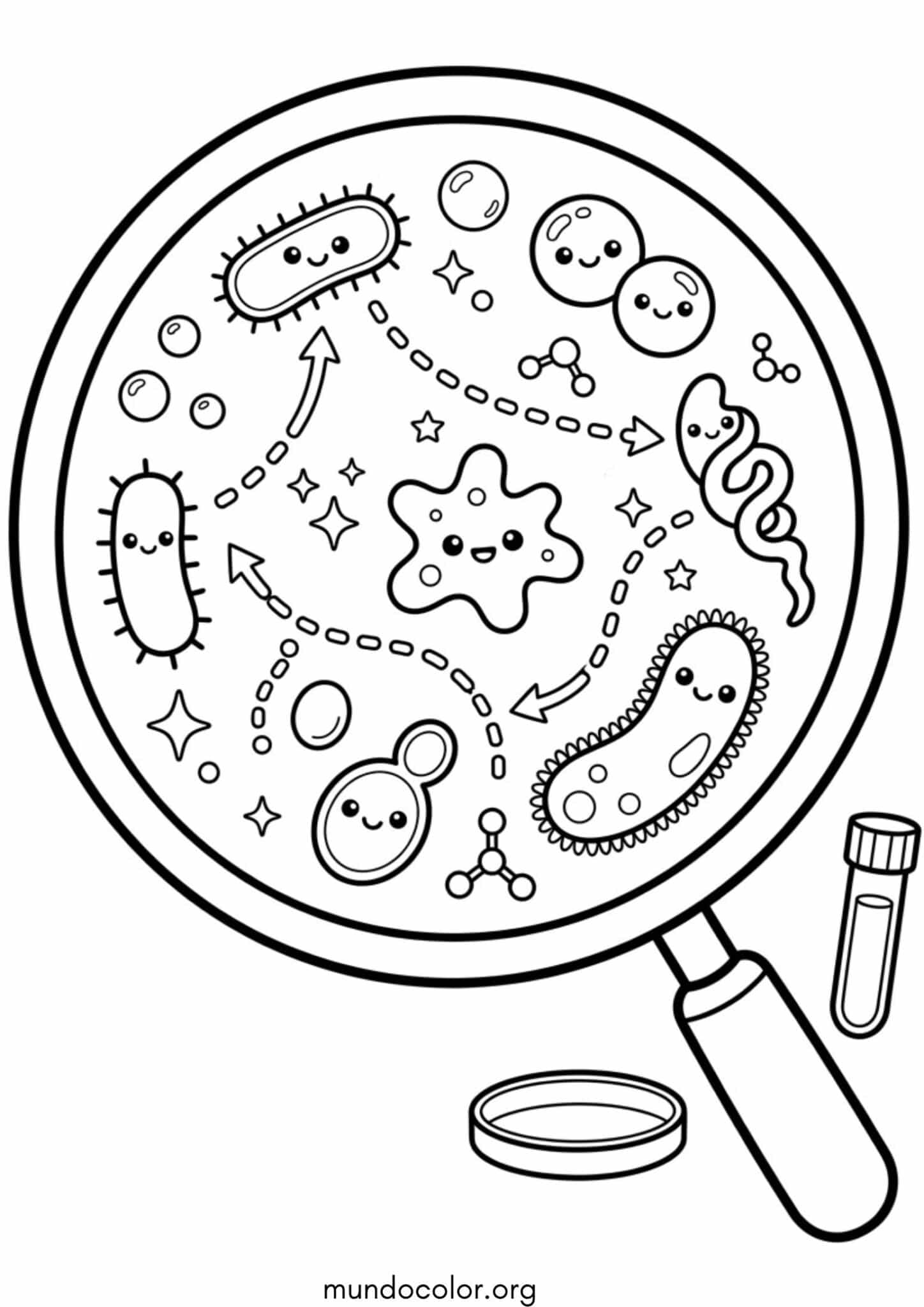 Dibujo de Día Mundial de la Ciencia – Lupa gigante con mapa de microbios y bacterias felices para colorear
