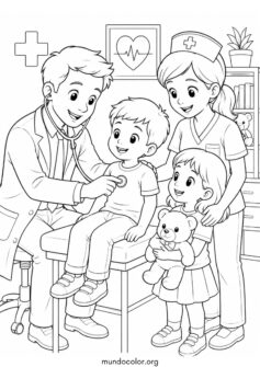 Día Mundial de la Salud – Médico y enfermera sonrientes cuidando a niños felices