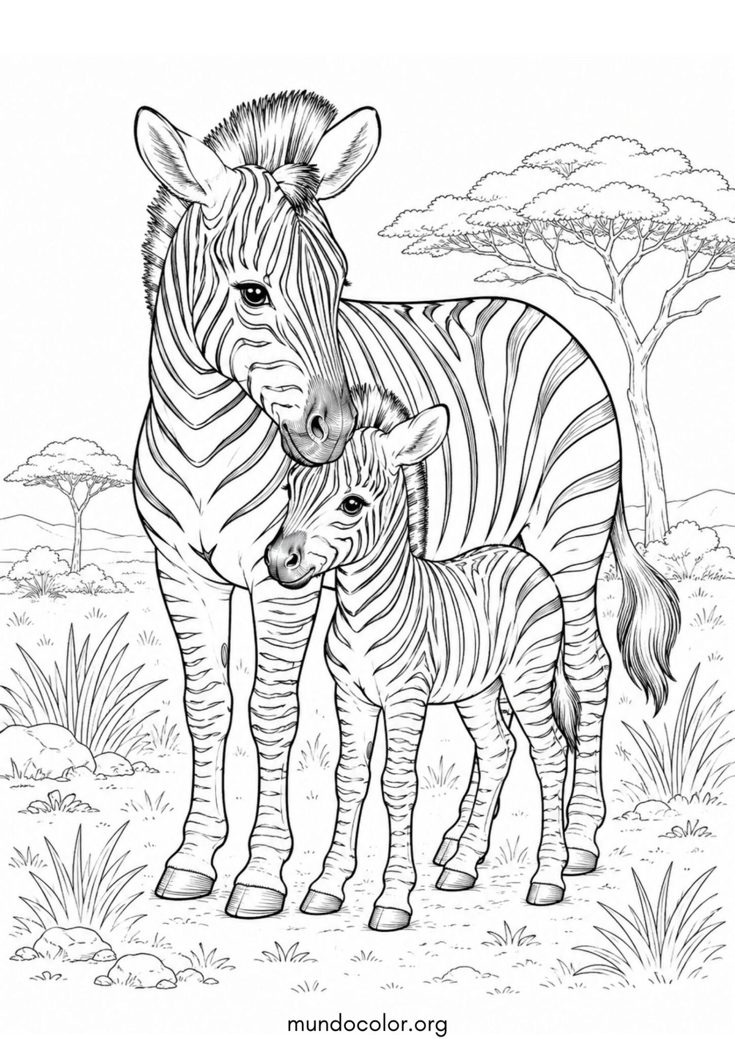 Dibujo de Mamá cebra cariñosa con su cría en la sabana para imprimir Dibujo de Mamá cebra cariñosa con su cría en la sabana para colorear