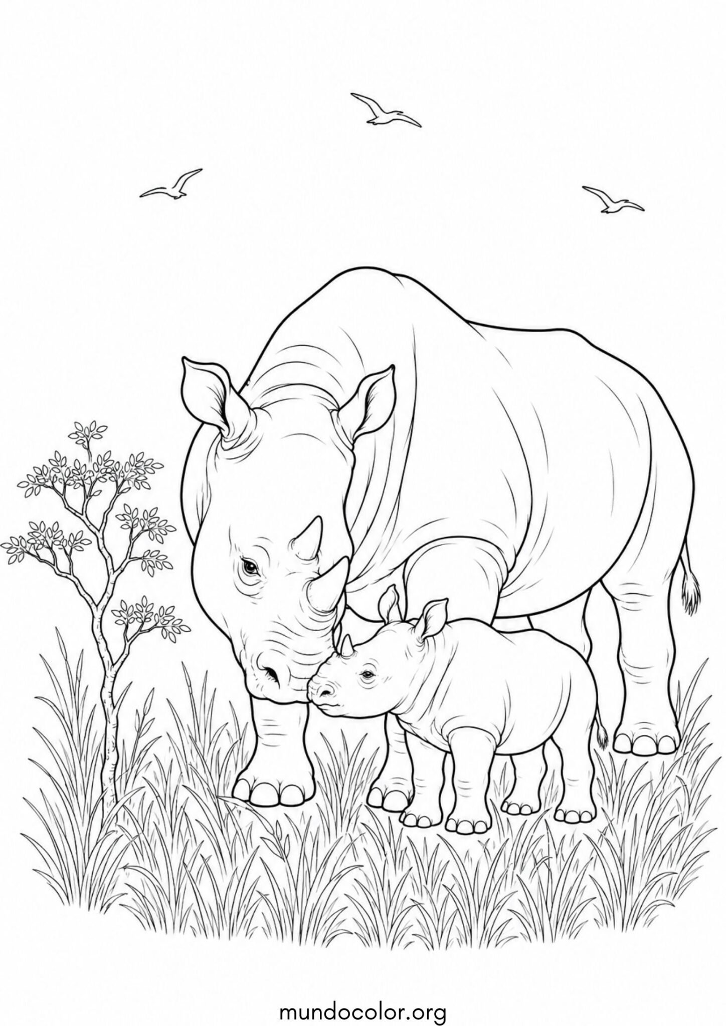 Dibujo de Mamá rinoceronte cuidando a su cría con amor en la sabana para imprimir Dibujo de Mamá rinoceronte cuidando a su cría con amor en la sabana para colorear