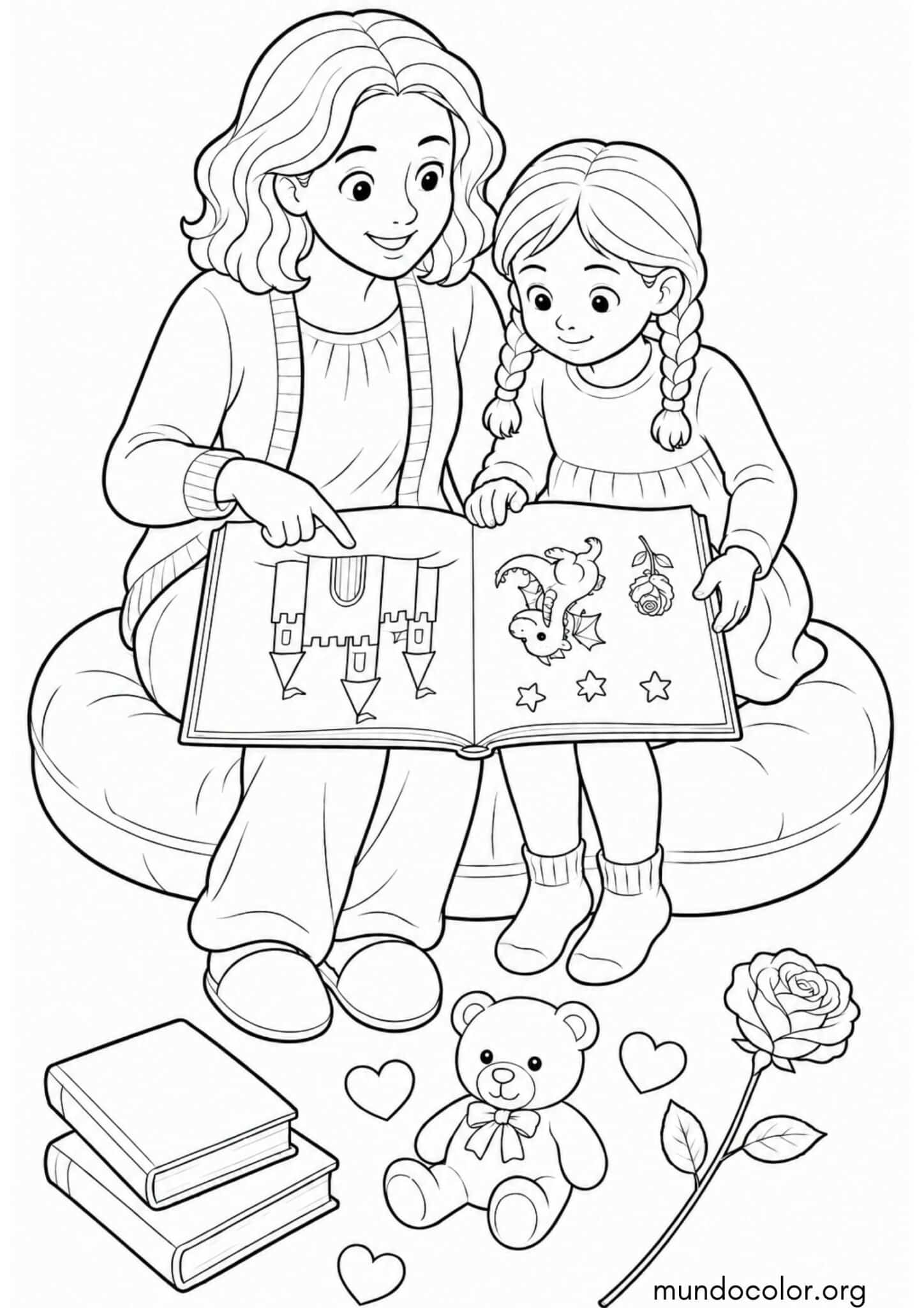 Dibujo de Día del Libro – Mamá y su hija leyendo un libro juntas para colorear