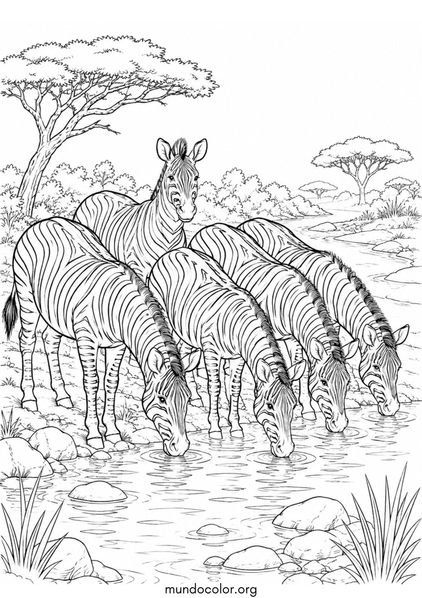 Dibujo de Manada de cebras bebiendo agua en el río africano para imprimir Dibujo de Manada de cebras bebiendo agua en el río africano para colorear