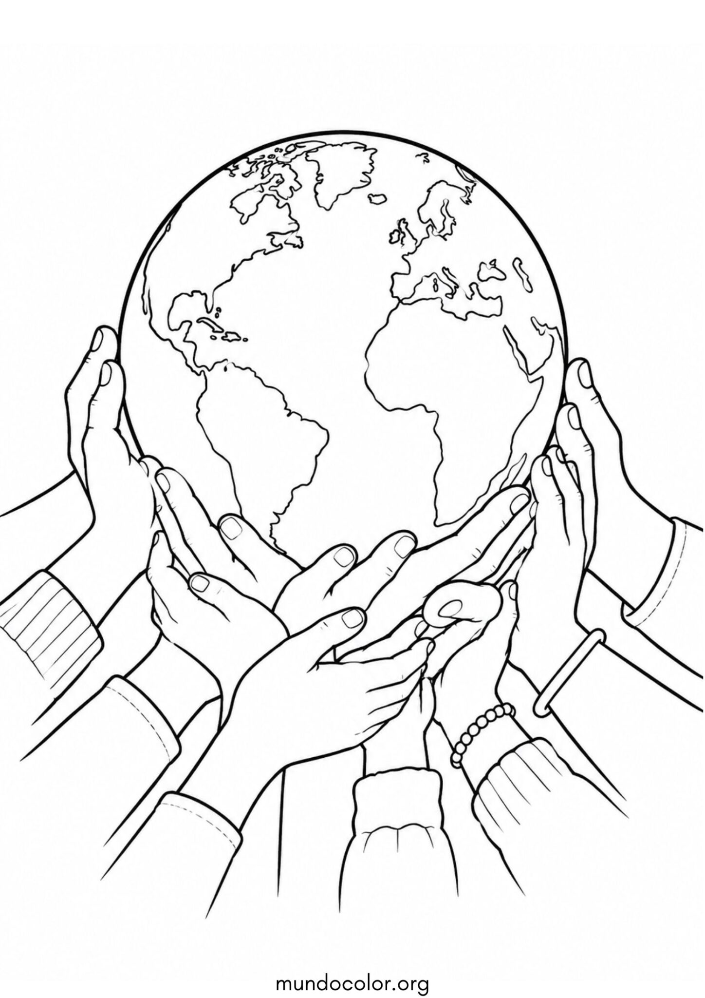 Dibujo de Día Internacional de la Paz – Manos unidas sosteniendo el mundo para colorear