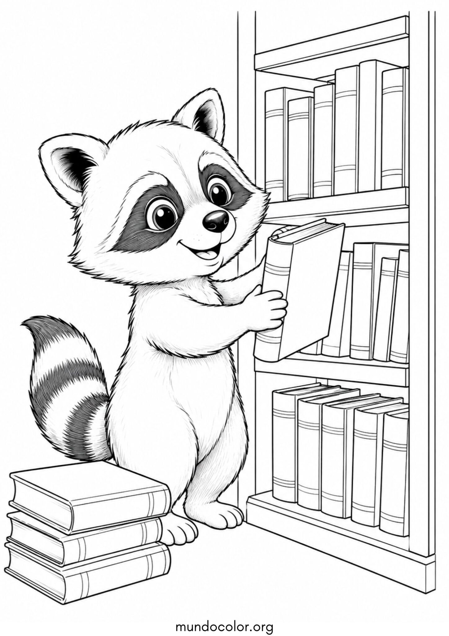 Dibujo de Día del Libro – Mapache acomodando libros en los estantes para colorear