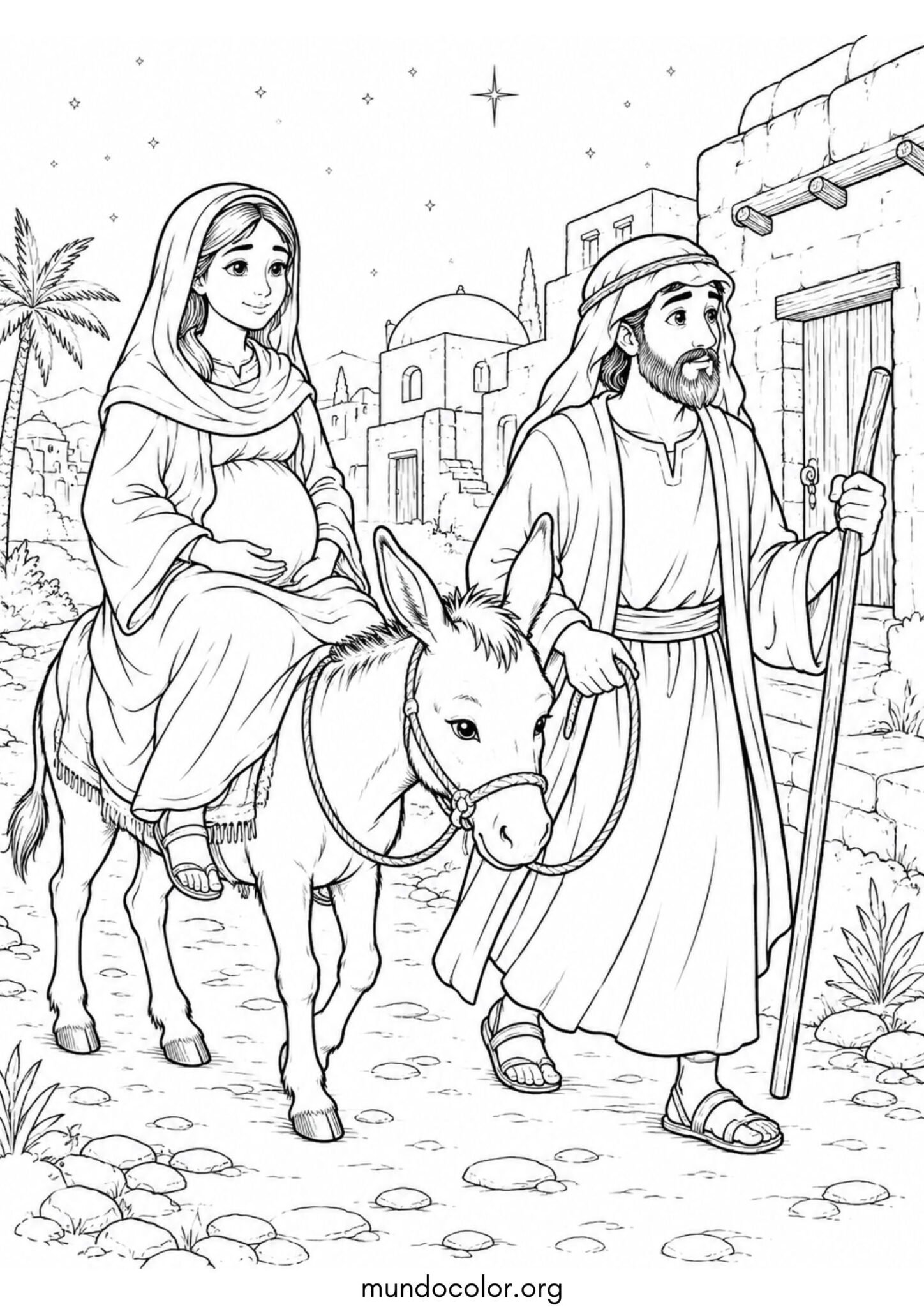 Dibujo de Las Posadas Navideñas – María en el burrito y San José pidiendo posada camino a Belén para colorear