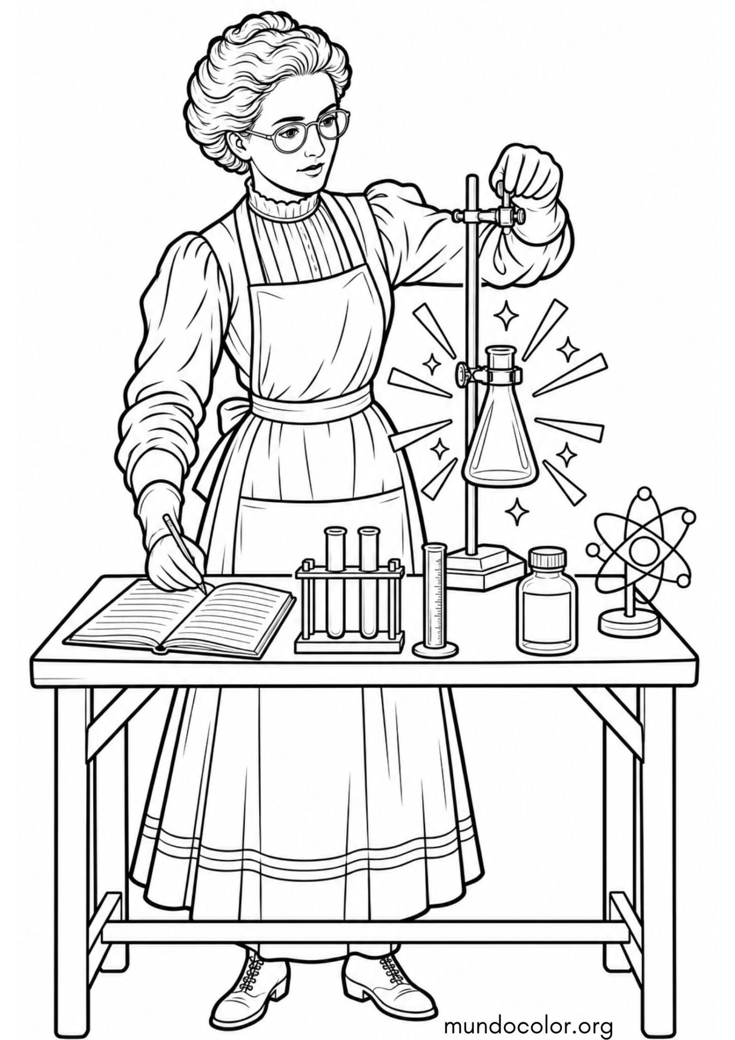 Dibujo de Día Mundial de la Ciencia – Marie Curie en su laboratorio con matraz brillante para colorear