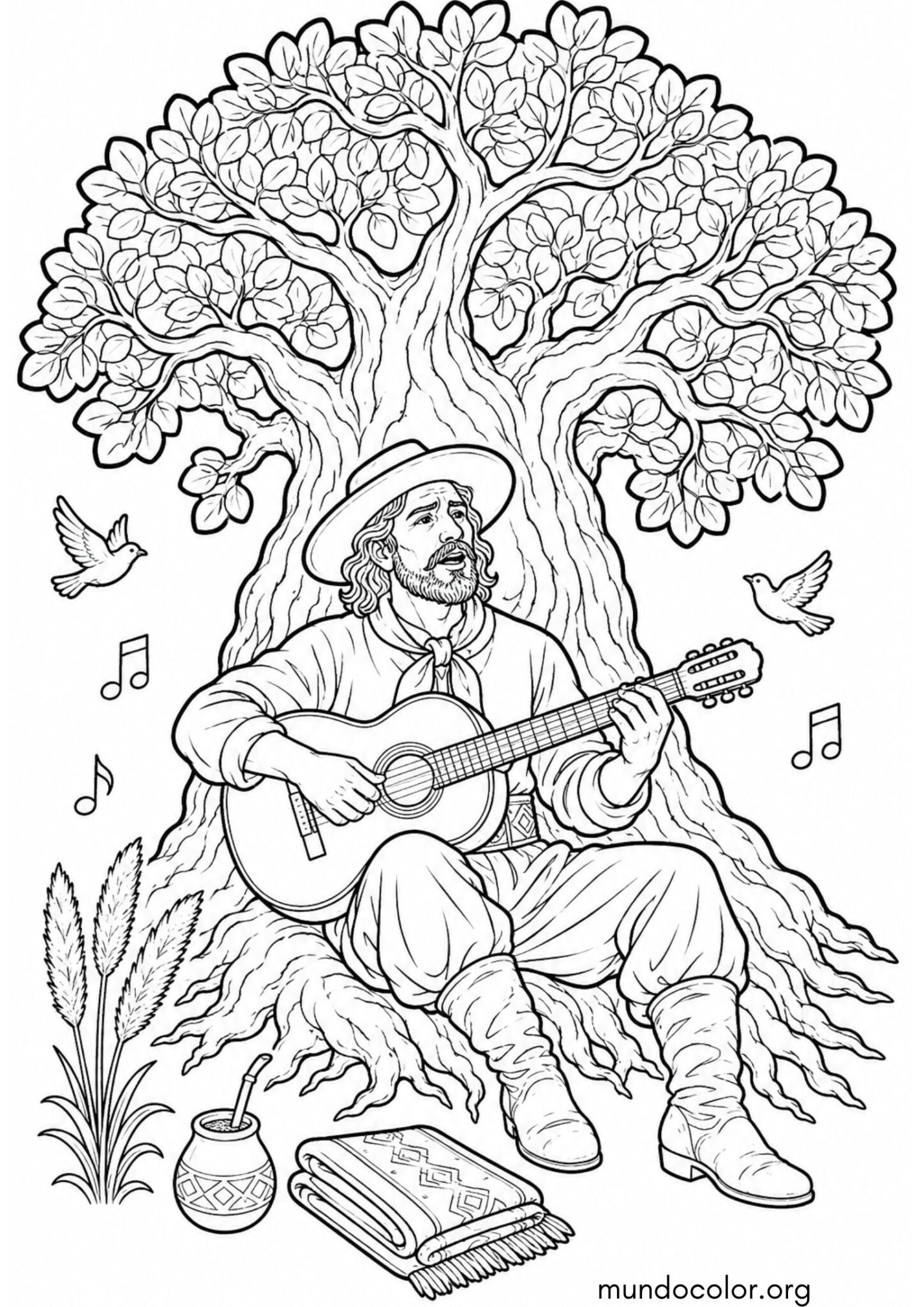 Dibujo de Día de la Tradición en Argentina – Martín Fierro con su guitarra cantando bajo el ombú para colorear