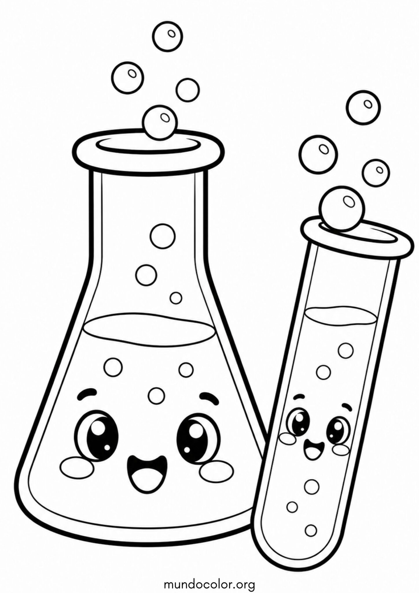 Dibujo de Día Mundial de la Ciencia – Matraz y tubo de ensayo con carita feliz estilo kawaii para colorear