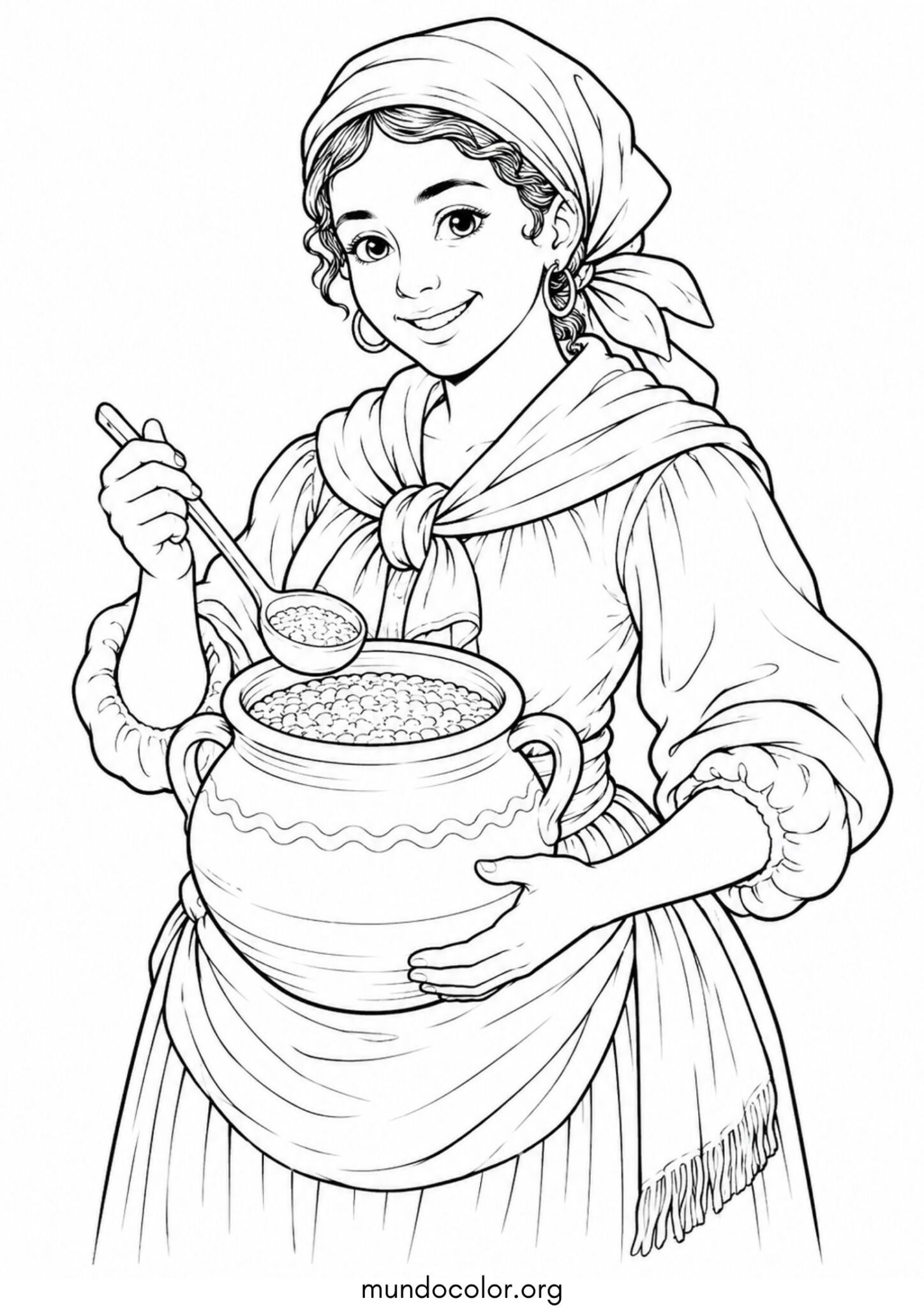 Dibujo de Revolución de Mayo – Mazamorrera colonial con su olla de barro y pañuelo en la cabeza para colorear