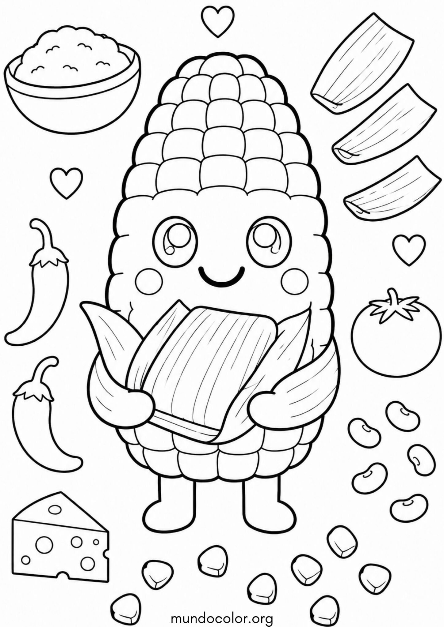 Dibujo de Día de la Candelaria y Tamales – Mazorca de maíz sonriente con ingredientes tradicionales para tamales para colorear