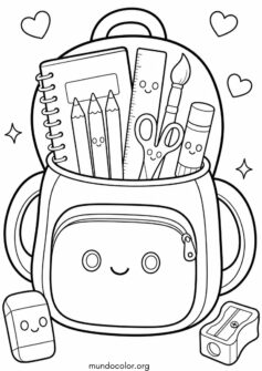 Regreso a clases – Mochila escolar llena de útiles y útiles sonrientes