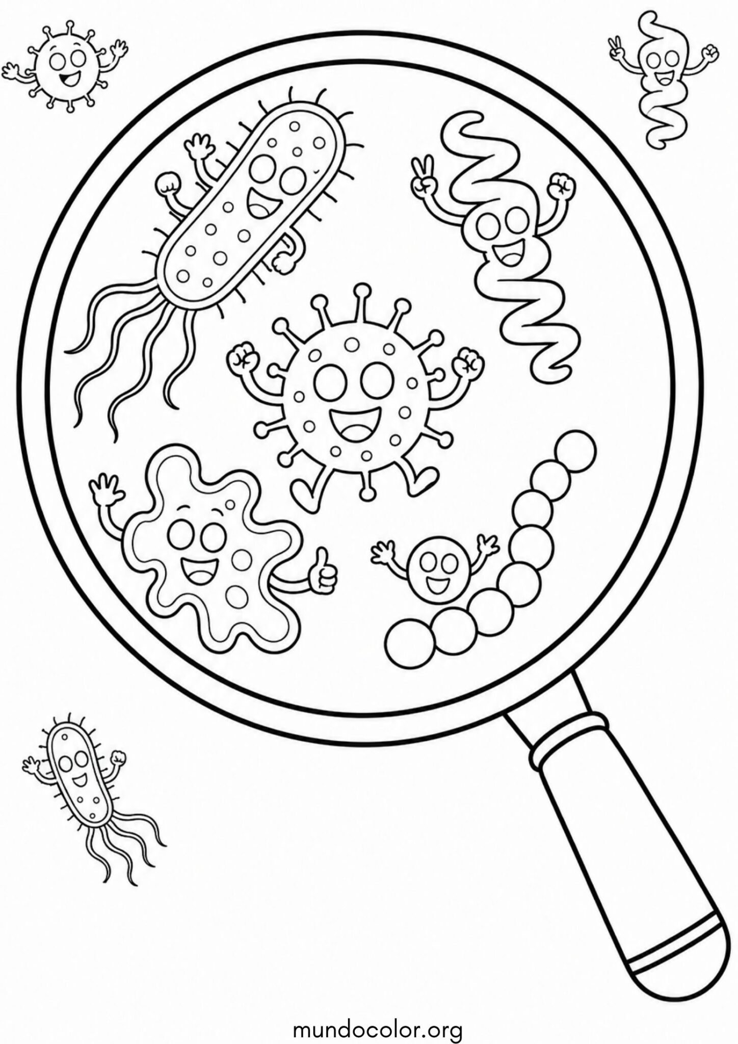 Dibujo de Día Mundial de la Salud – Monstruitos de microbios y bacterias divertidos bajo la lupa para colorear