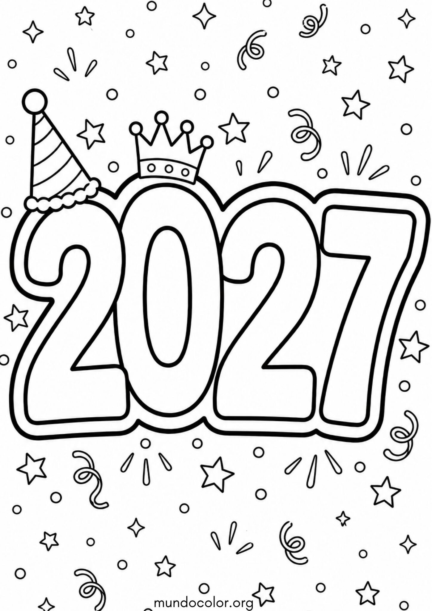 Dibujo de Números grandes del Año Nuevo decorados con gorros y estrellas (2027) para colorear
