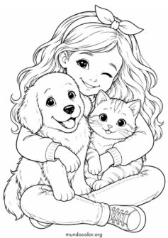 Día Mundial de los Animales – Niña abrazando a su perro y gato con mucho amor