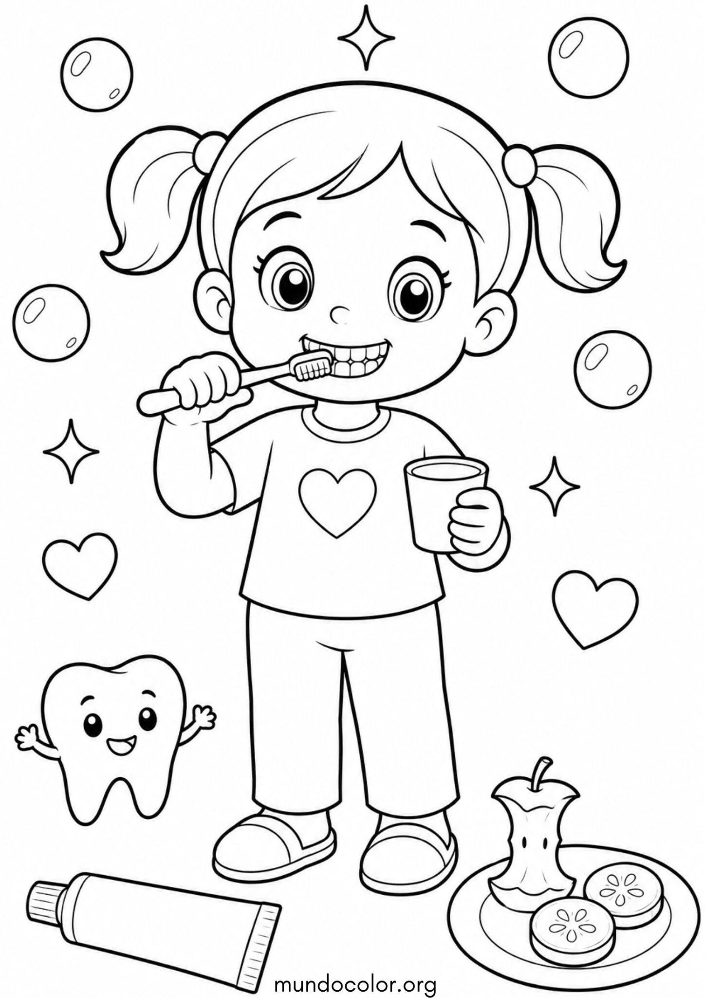 Dibujo de Día Mundial de la Alimentación – Niña cepillándose los dientes después de comer para colorear