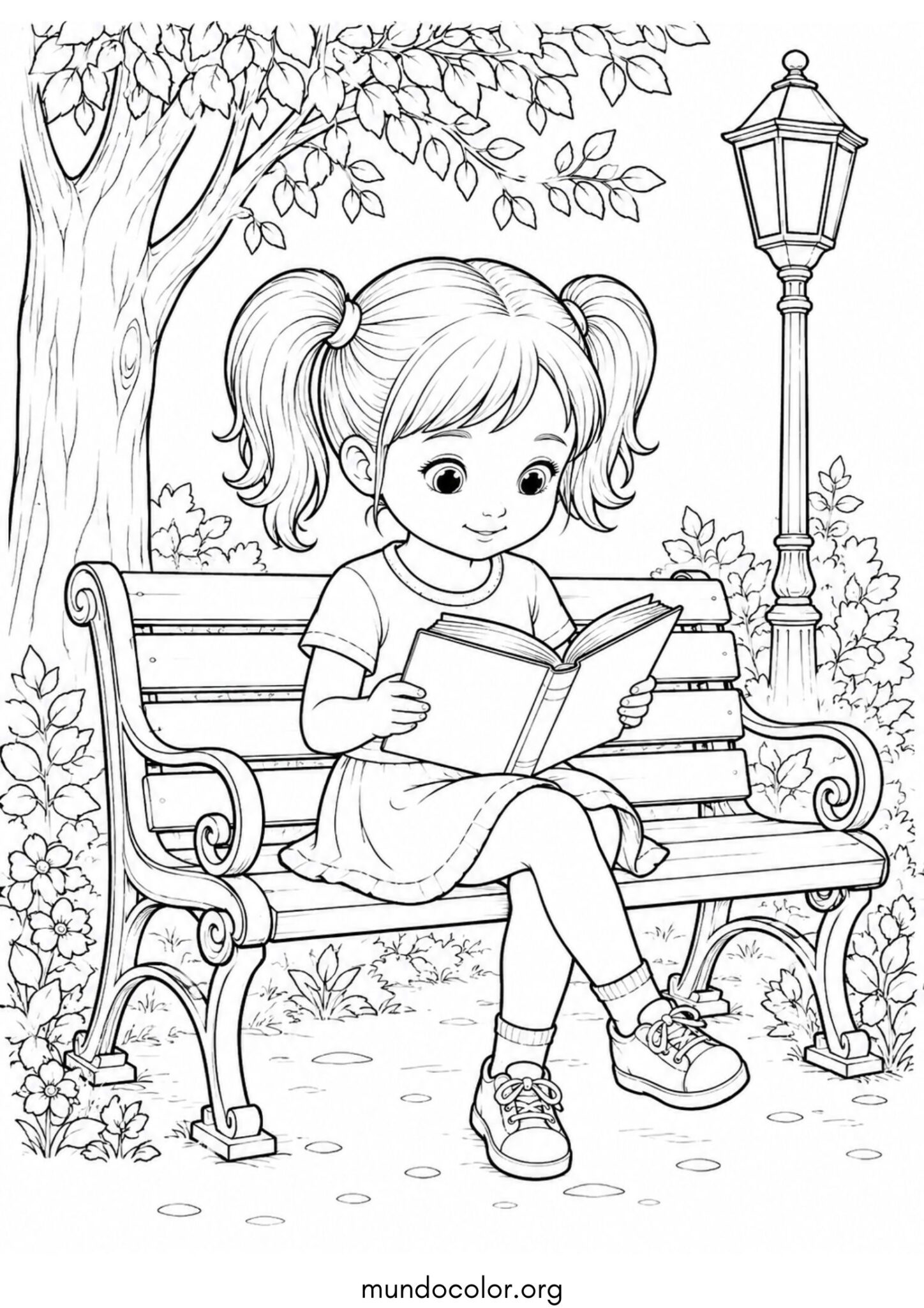 Dibujo de Día del Libro – Niña con coletas leyendo un libro para colorear