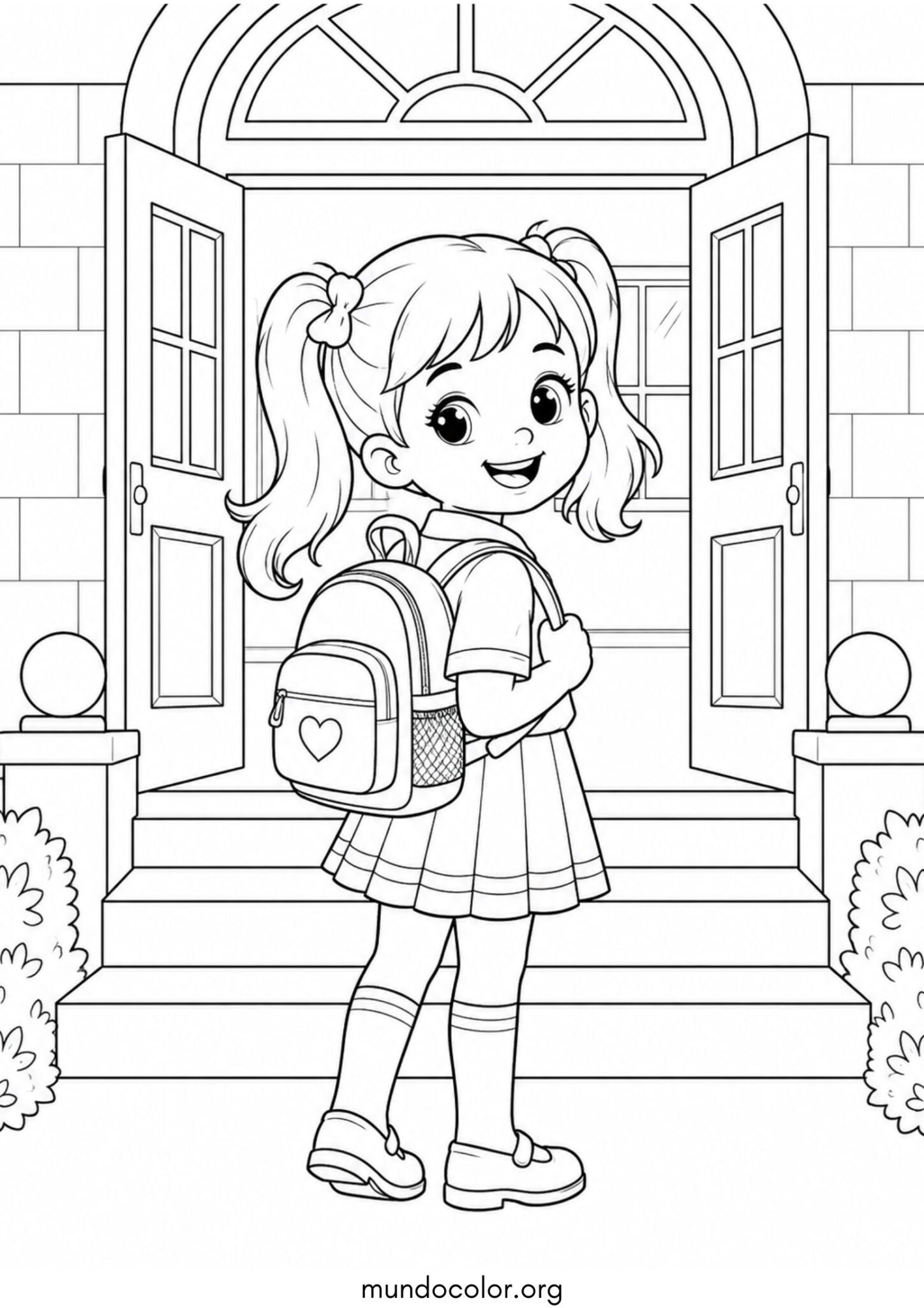 Dibujo de Niña con coletas, uniforme escolar y mochila para colorear