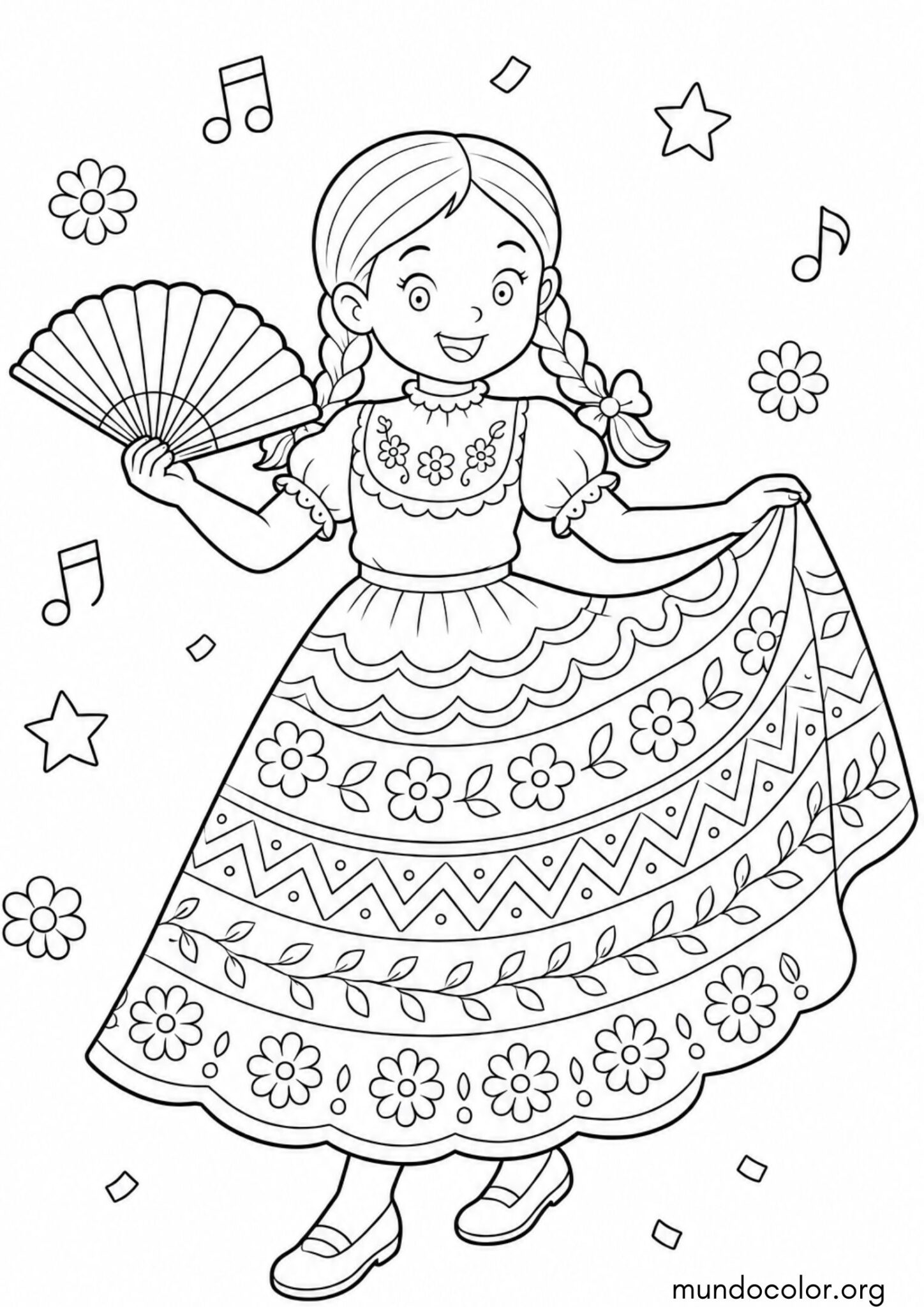 Dibujo de Día de la Revolución Mexicana – Niña con traje folclórico mexicano bailando con abanico para colorear