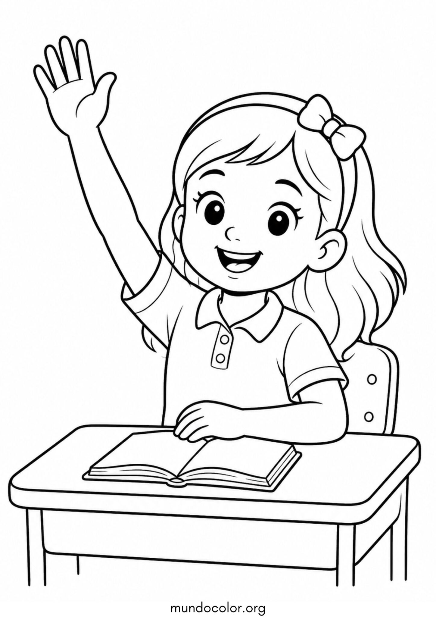 Dibujo de Vuelta al cole – Niña feliz levantando la mano en clase para colorear