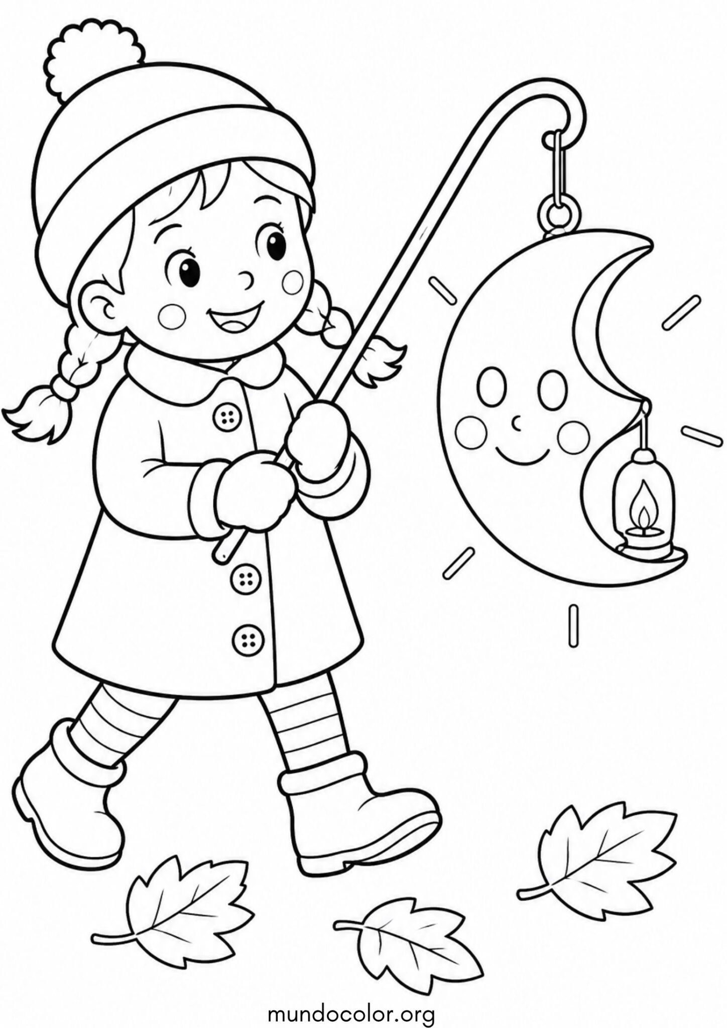 Dibujo de Niña llevando un farolillo en forma de luna sonriente para colorear