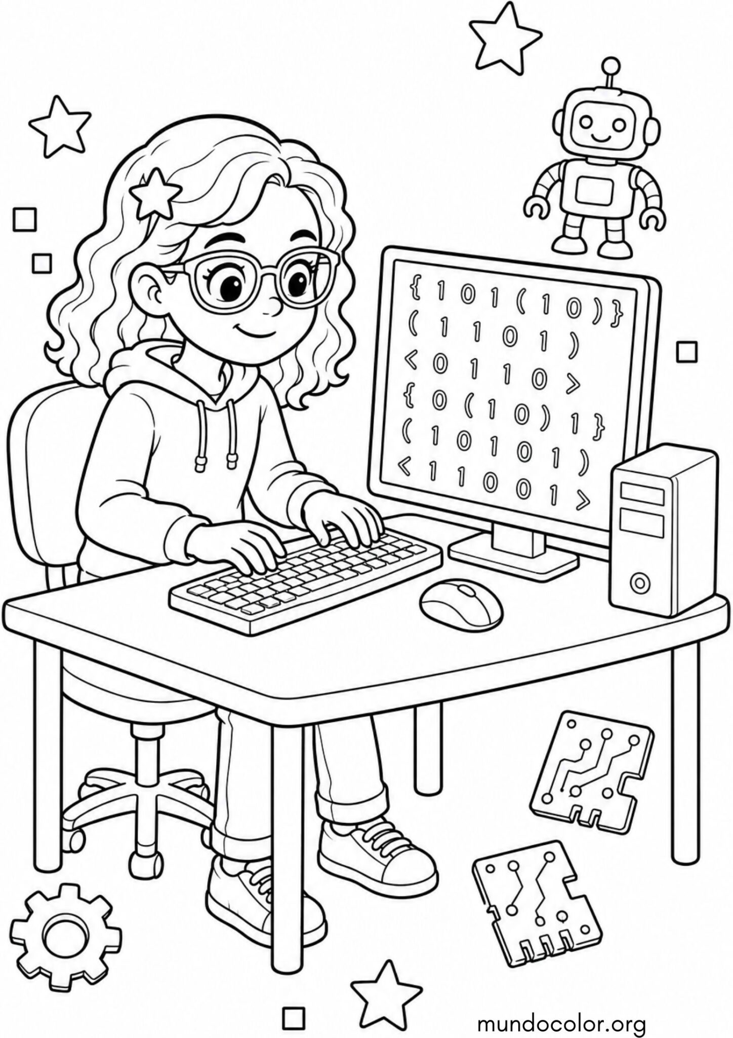 Dibujo de Día Mundial de la Ciencia – Niña programando un ordenador con código informático para colorear