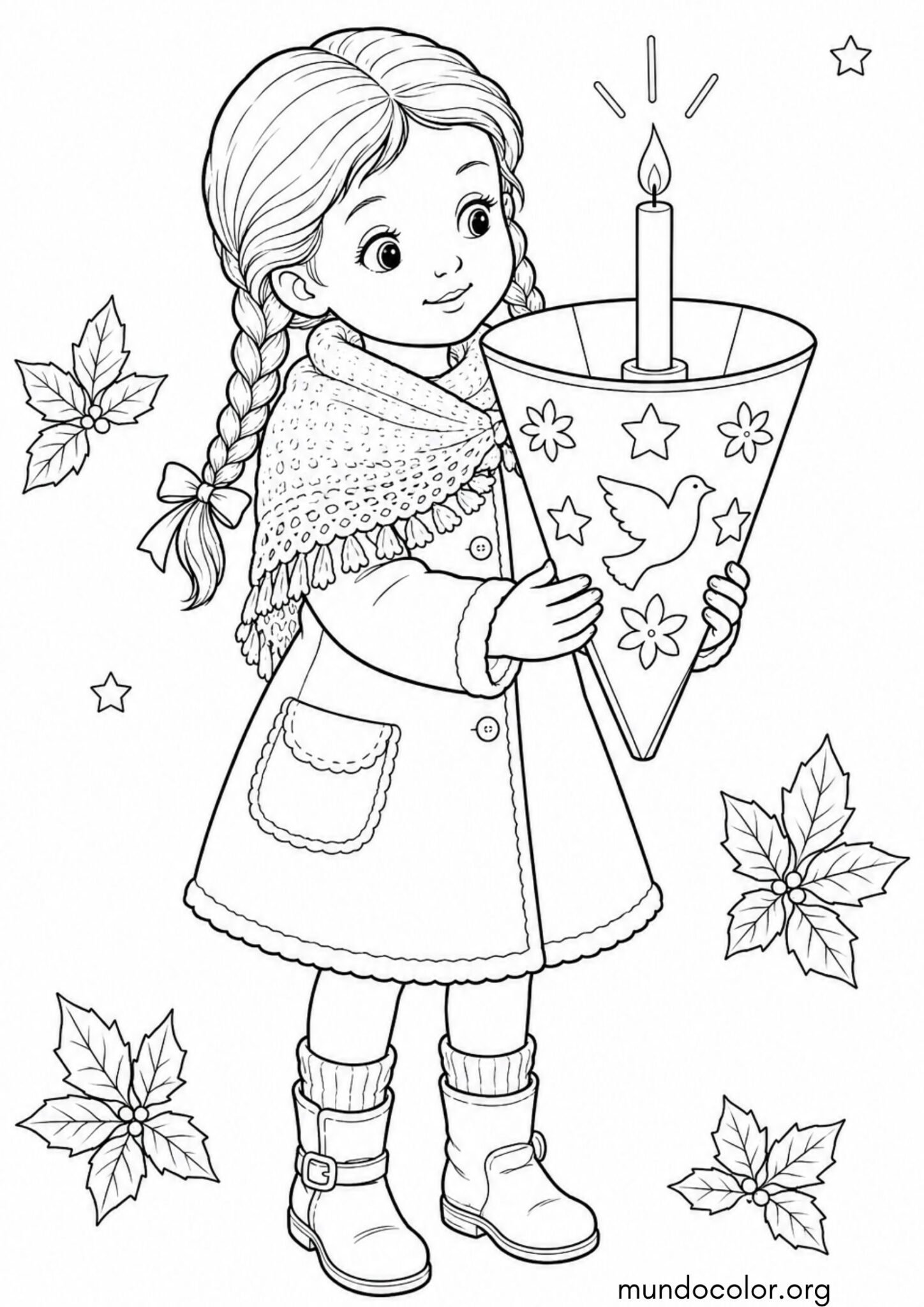 Dibujo de Las Posadas Navideñas – Niña protegiendo su velita de posada con un cono de papel para colorear