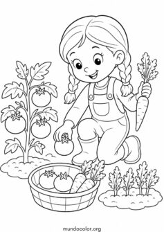 Día del Medio Ambiente – Niña recolectando tomates y zanahorias orgánicas