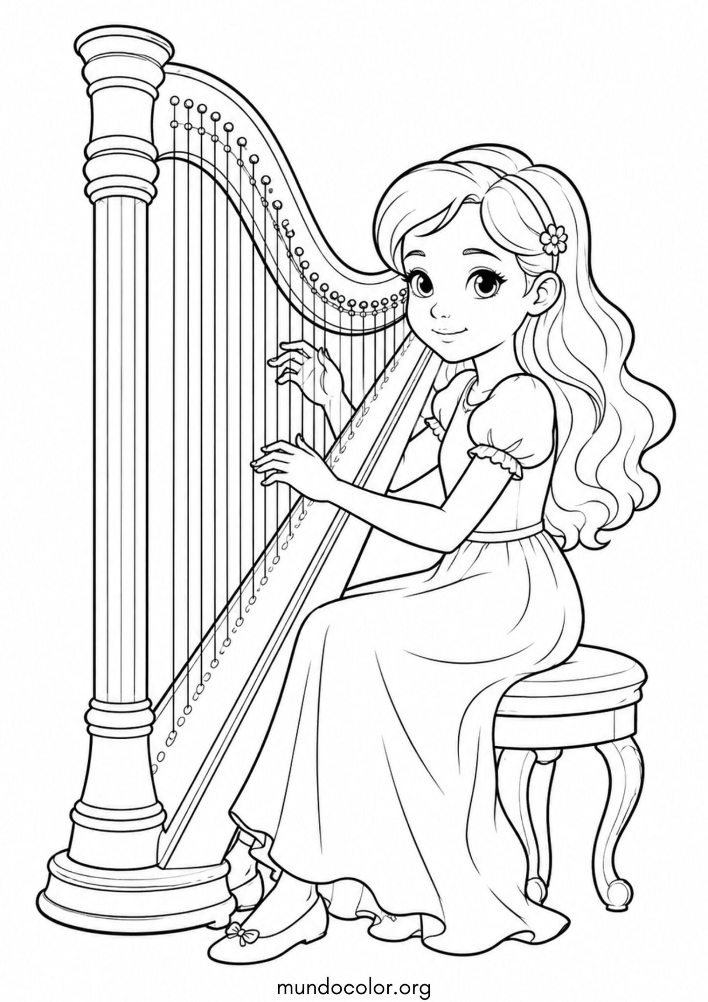 Dibujo de Día de la Música – Niña tocando el arpa para colorear