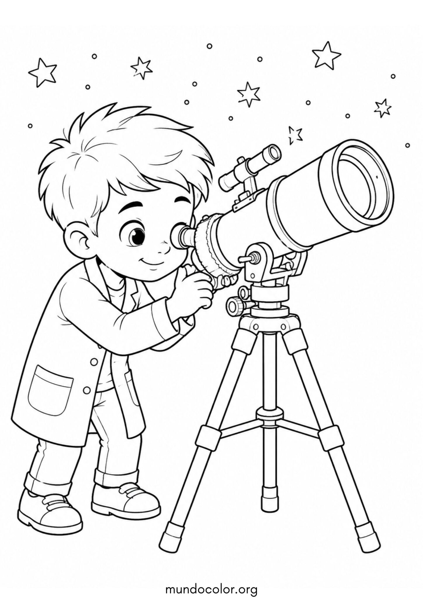 Dibujo de Día Mundial de la Ciencia – Niño científico observando las estrellas con un telescopio para colorear