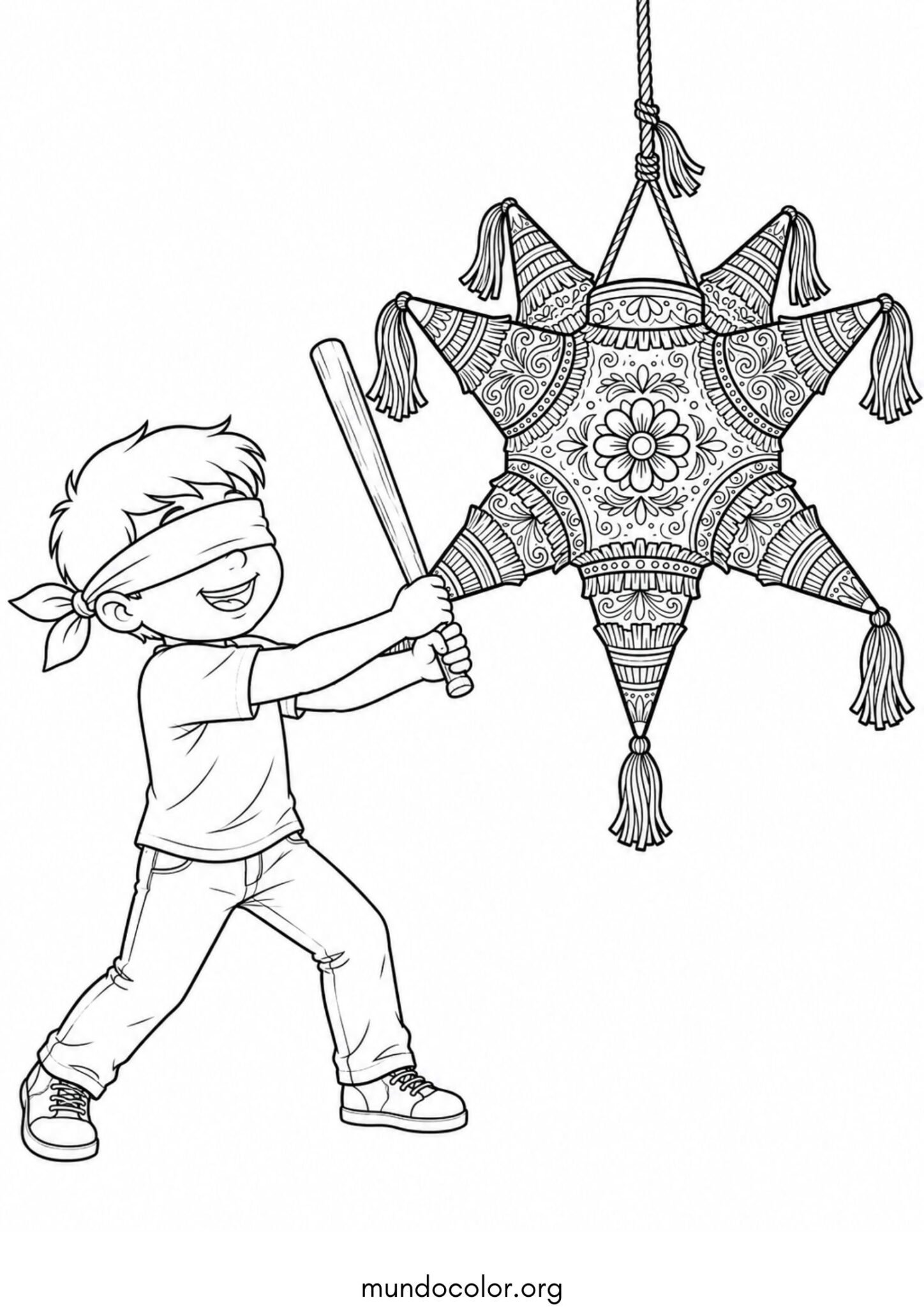 Dibujo de Las Posadas Navideñas – Niño con los ojos vendados y un palo intentando romper la piñata para colorear