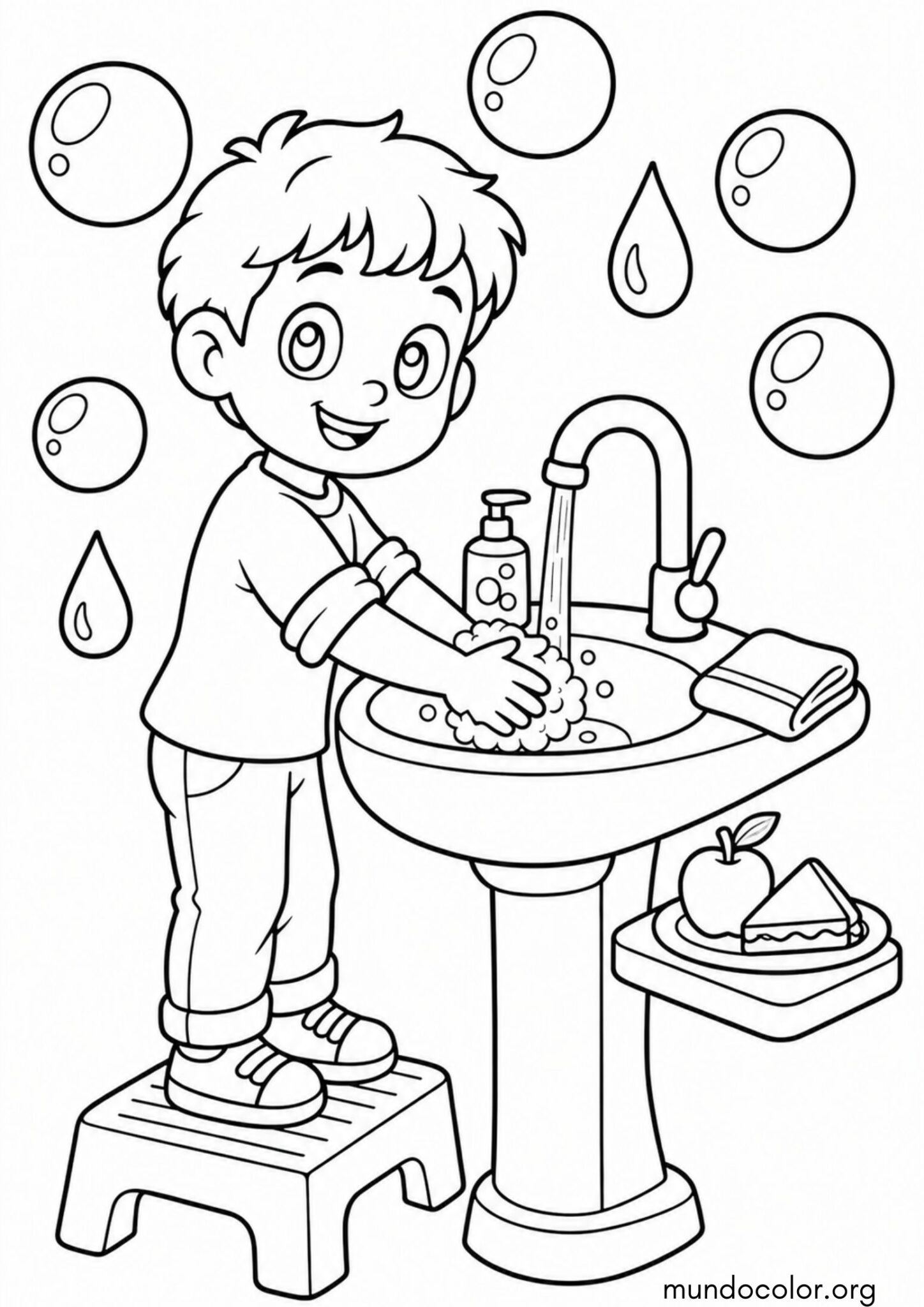 Dibujo de Día Mundial de la Alimentación – Niño lavándose las manos antes de comer para colorear