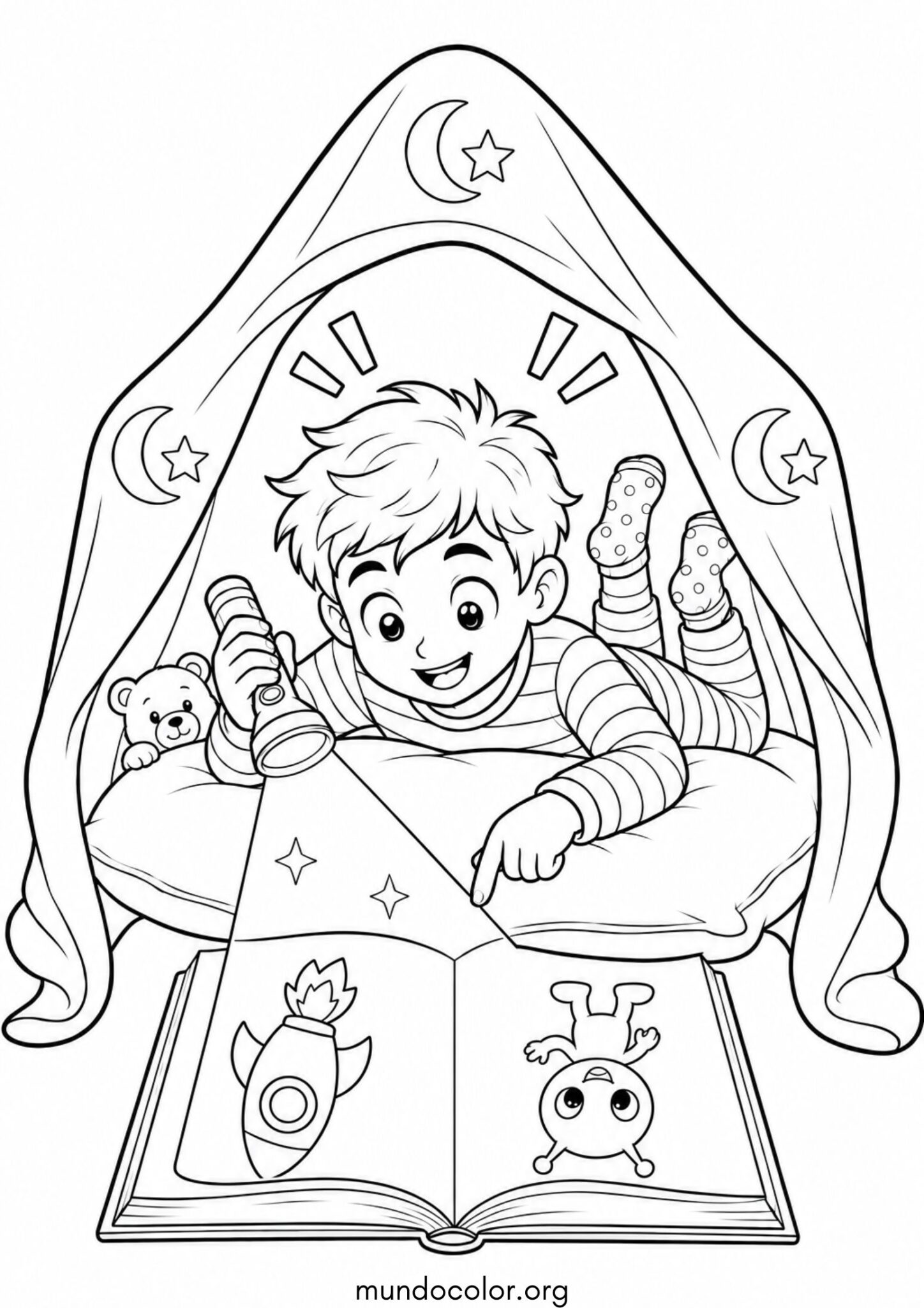 Dibujo de Niño leyendo un libro debajo de la manta con una linterna para colorear