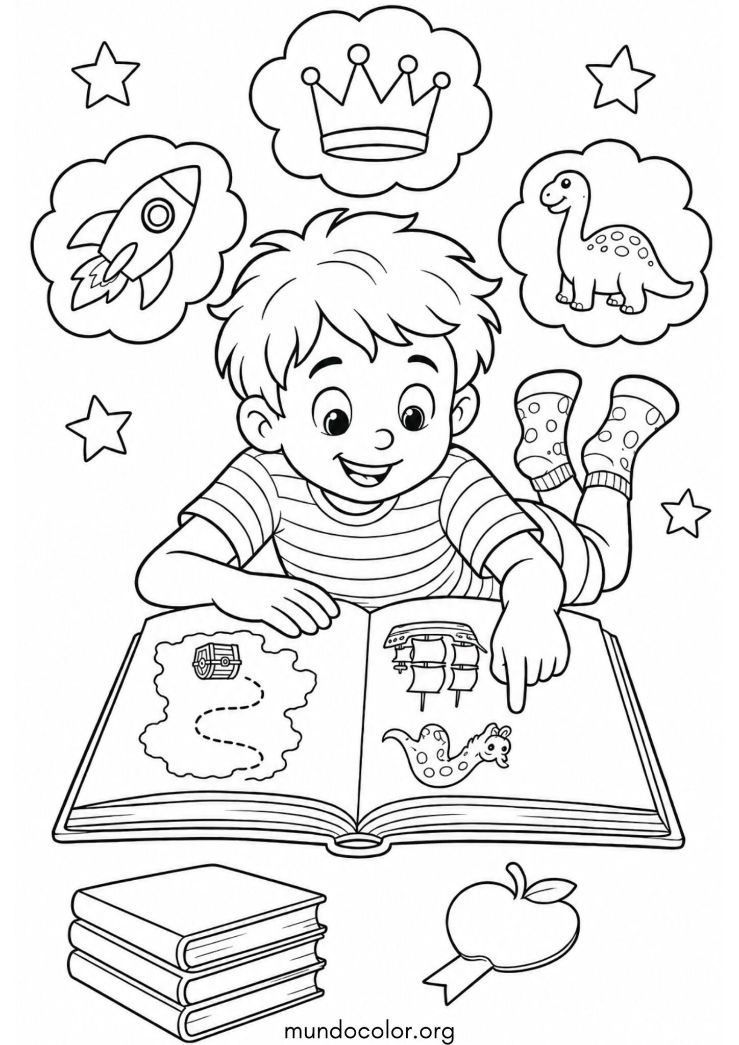 Dibujo de Día del Libro – Niño leyendo un libro tumbado en el suelo para colorear
