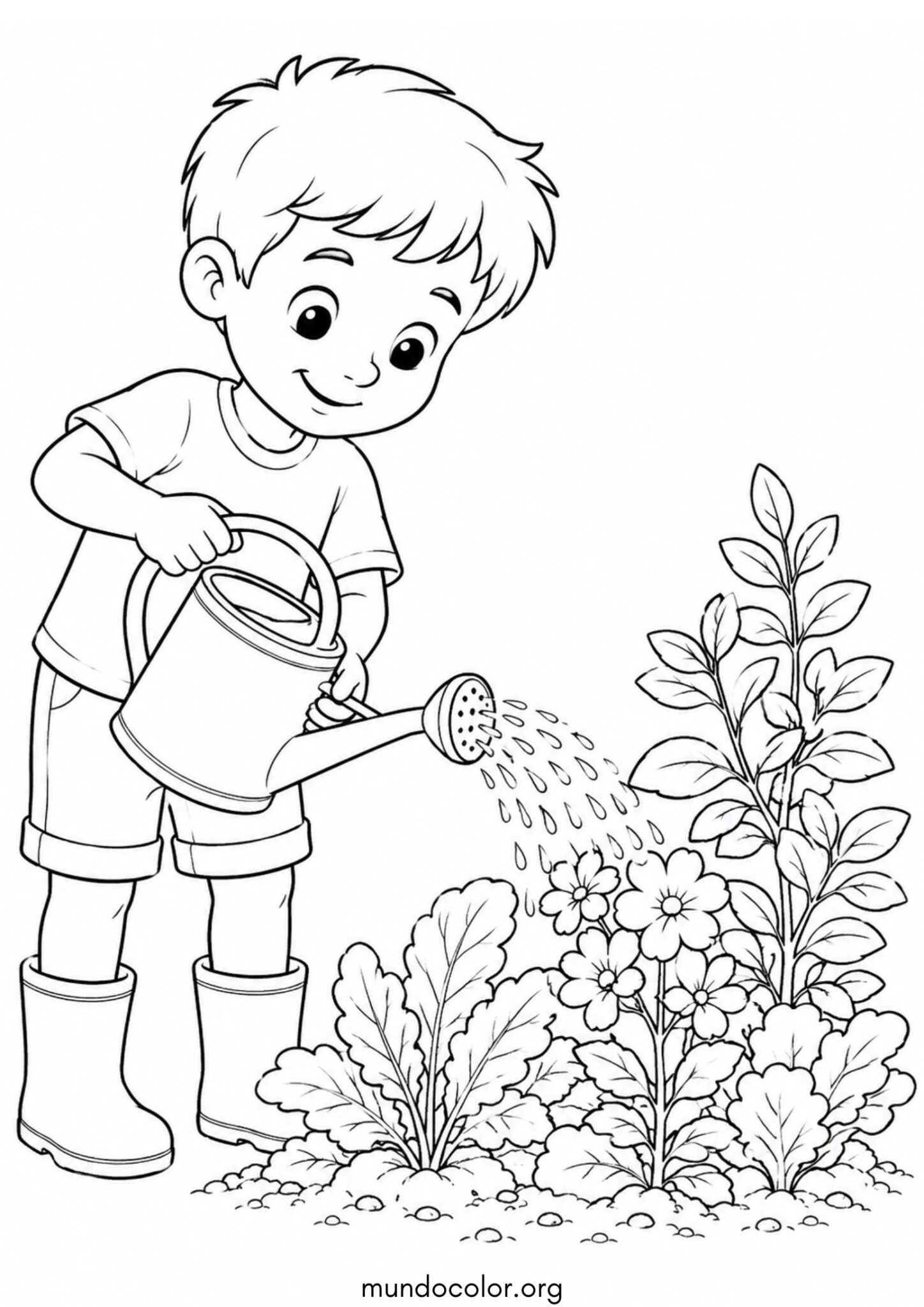 Dibujo de Día Mundial del Agua – Niño regando las plantas con una regadera en lugar de manguera para colorear