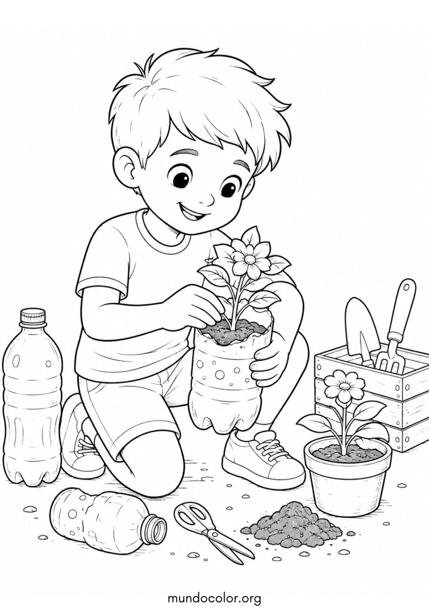 Dibujo de Día de la Tierra – Niño reutilizando una botella de plástico como maceta para flores para colorear