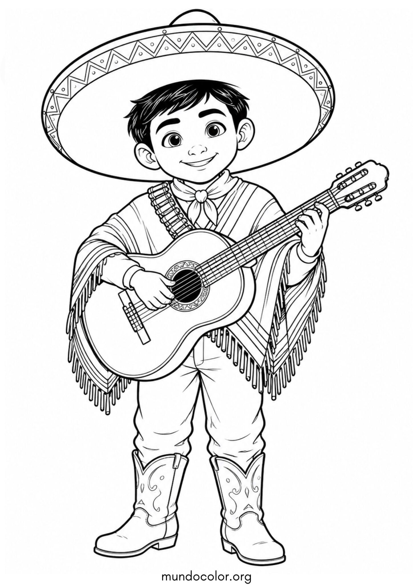 Día de la Revolución Mexicana – Niño revolucionario con sombrero gigante y guitarra para imprimir y pintar Dibujo de Día de la Revolución Mexicana – Niño revolucionario con sombrero gigante y guitarra para colorear