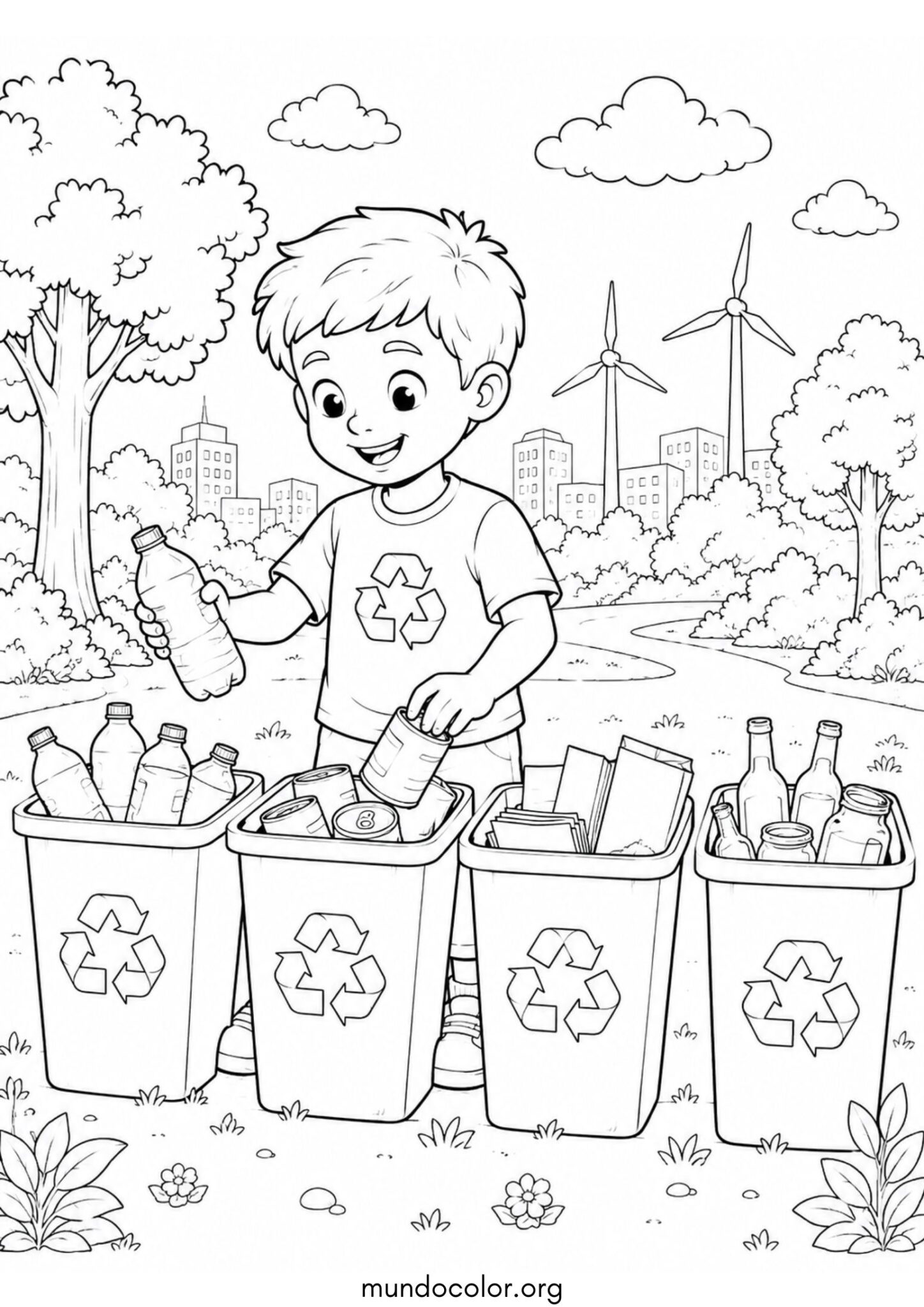 Dibujo de Día del Medio Ambiente – Niño separando basura en contenedores de reciclaje de colores para colorear