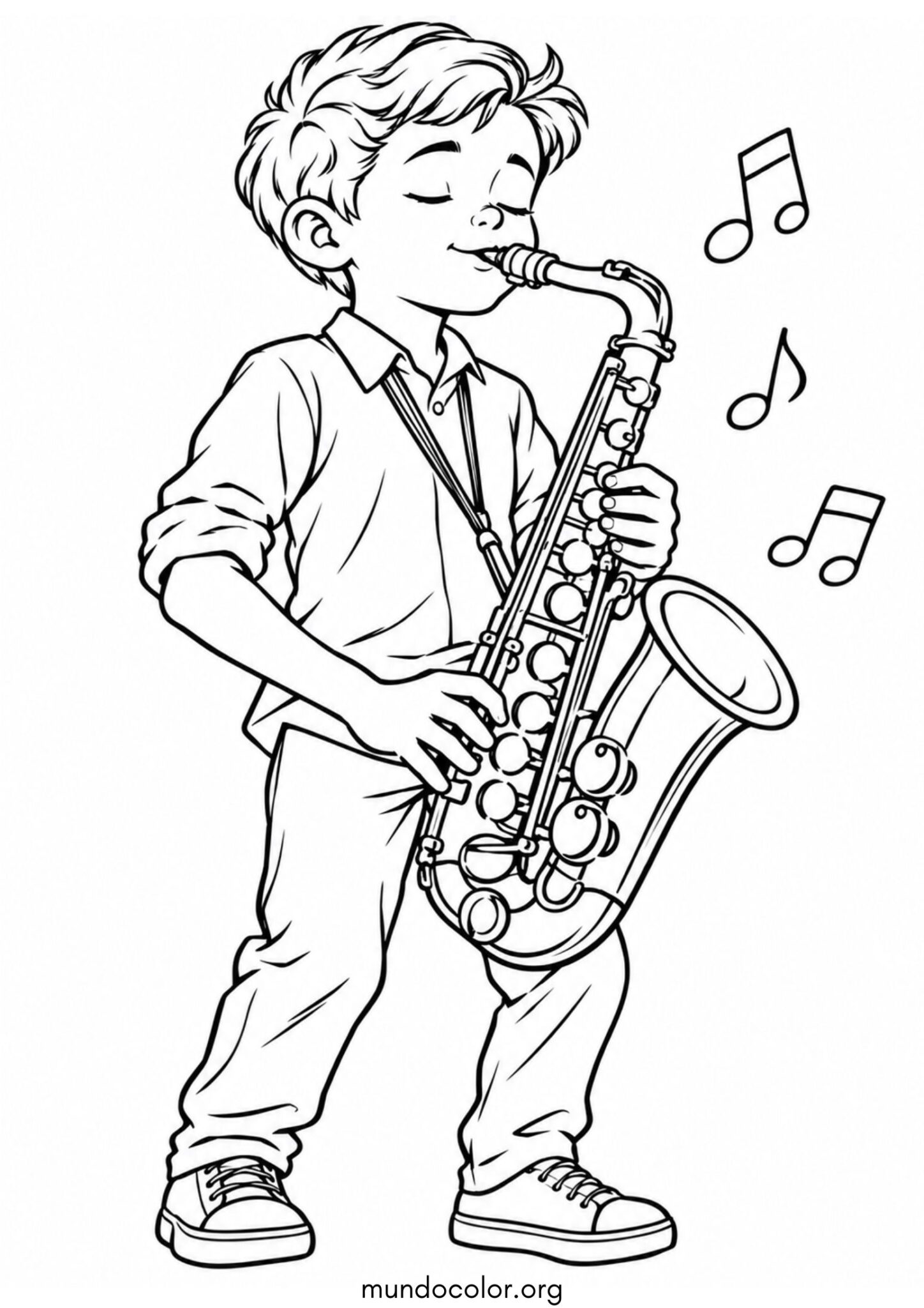 Dibujo de Día de la Música – Niño tocando el saxofón para colorear
