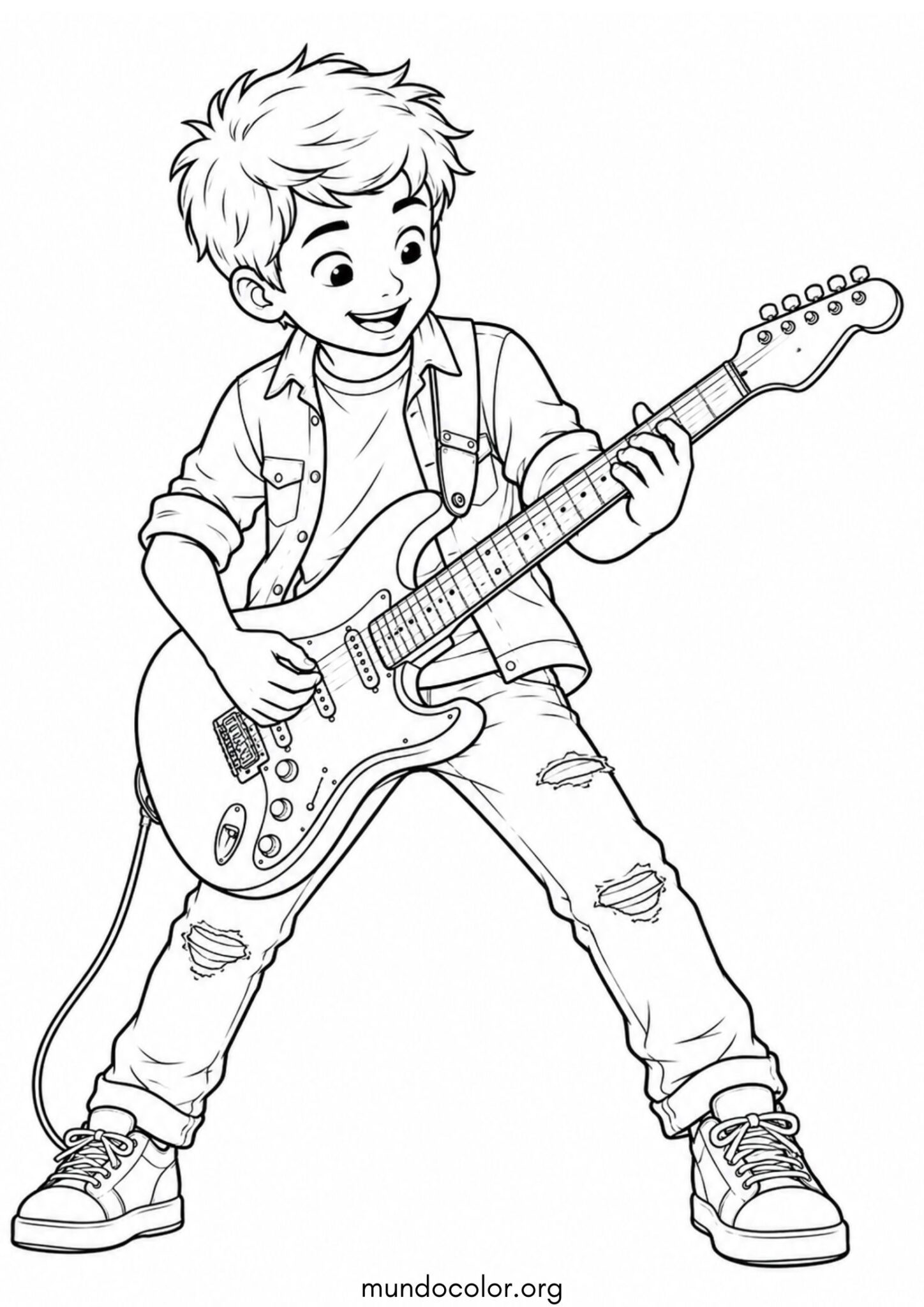 Dibujo de Día de la Música – Niño tocando la guitarra eléctrica para colorear