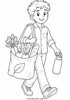 Día de la Tierra – Niño usando una bolsa de tela ecológicas para la compra