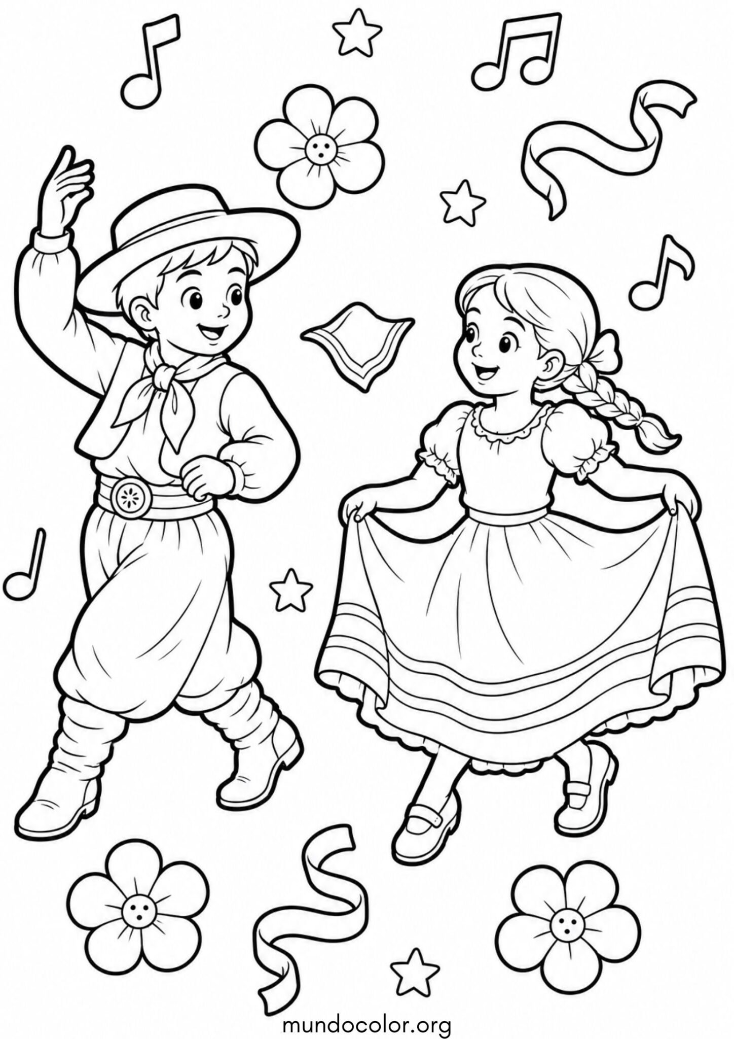 Dibujo de Día de la Tradición en Argentina – Niño y niña bailando el gato o la chacarera para colorear