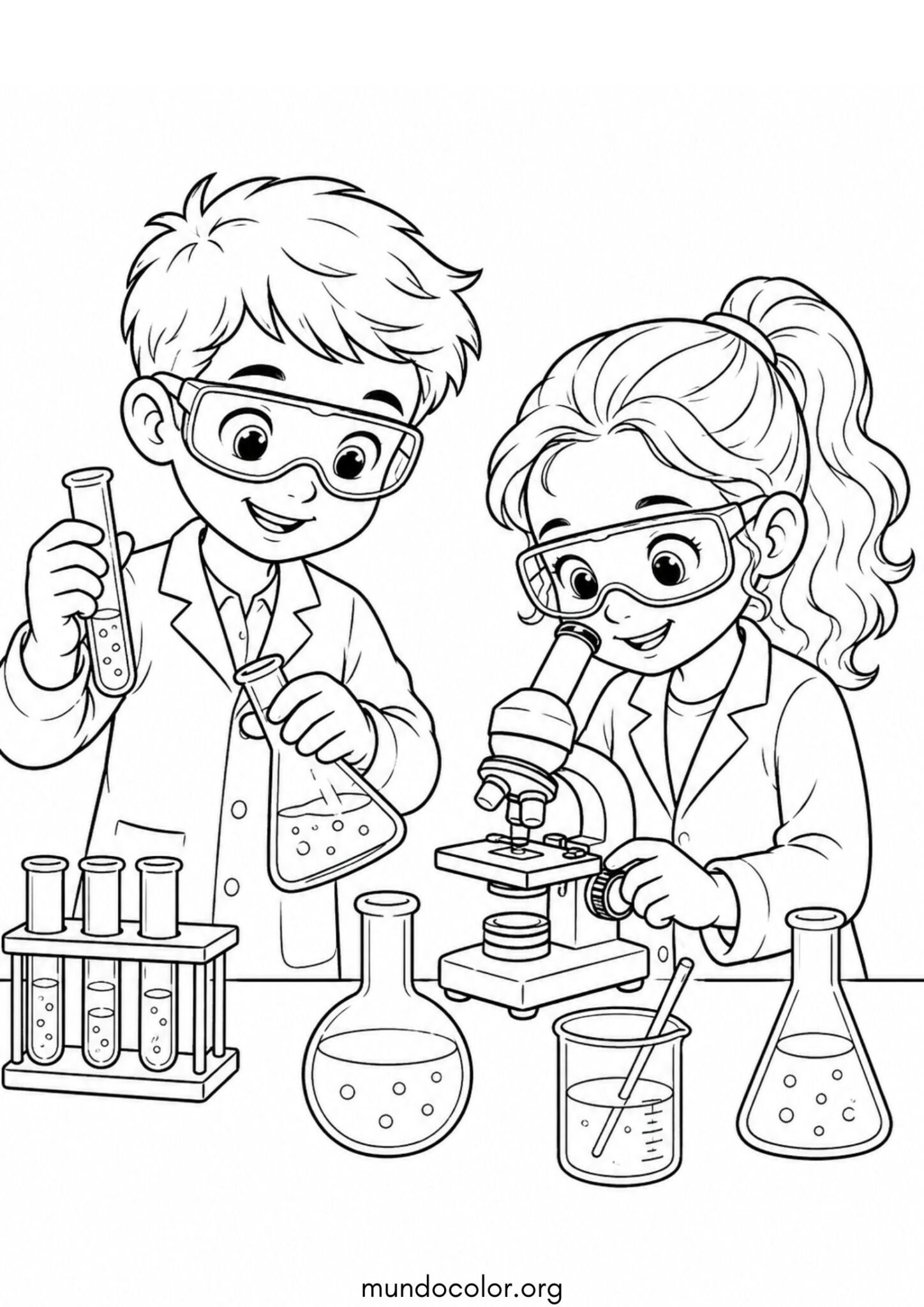 Dibujo de Día Mundial de la Ciencia – Niño y niña científicos haciendo experimentos en el laboratorio para colorear