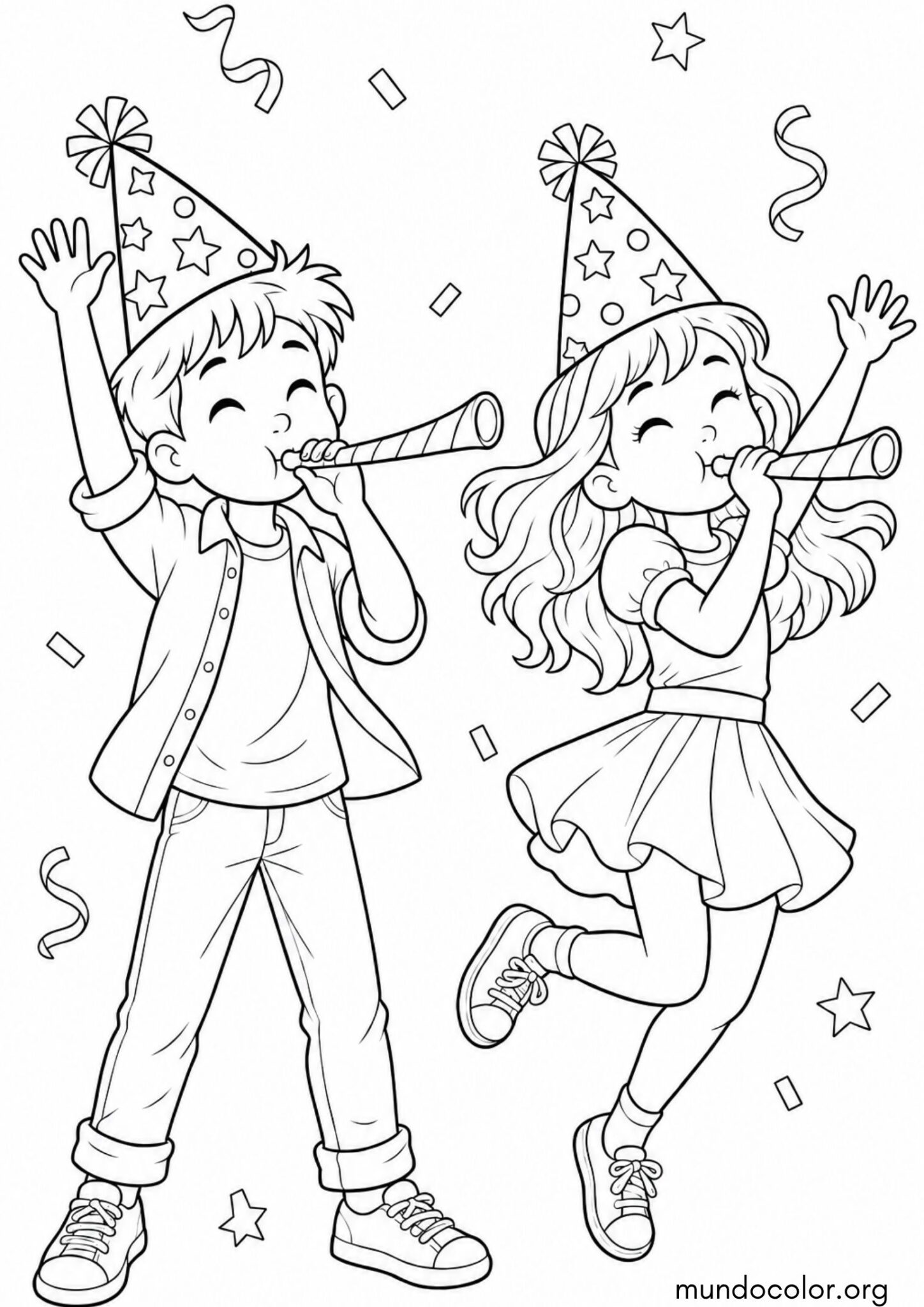 Dibujo de Niño y niña con gorros de fiesta, matasuegras y confeti para colorear
